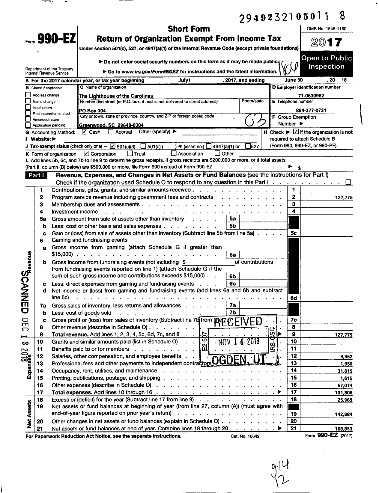 Image of first page of 2017 Form 990EZ for Lighthouse of the Carolinas