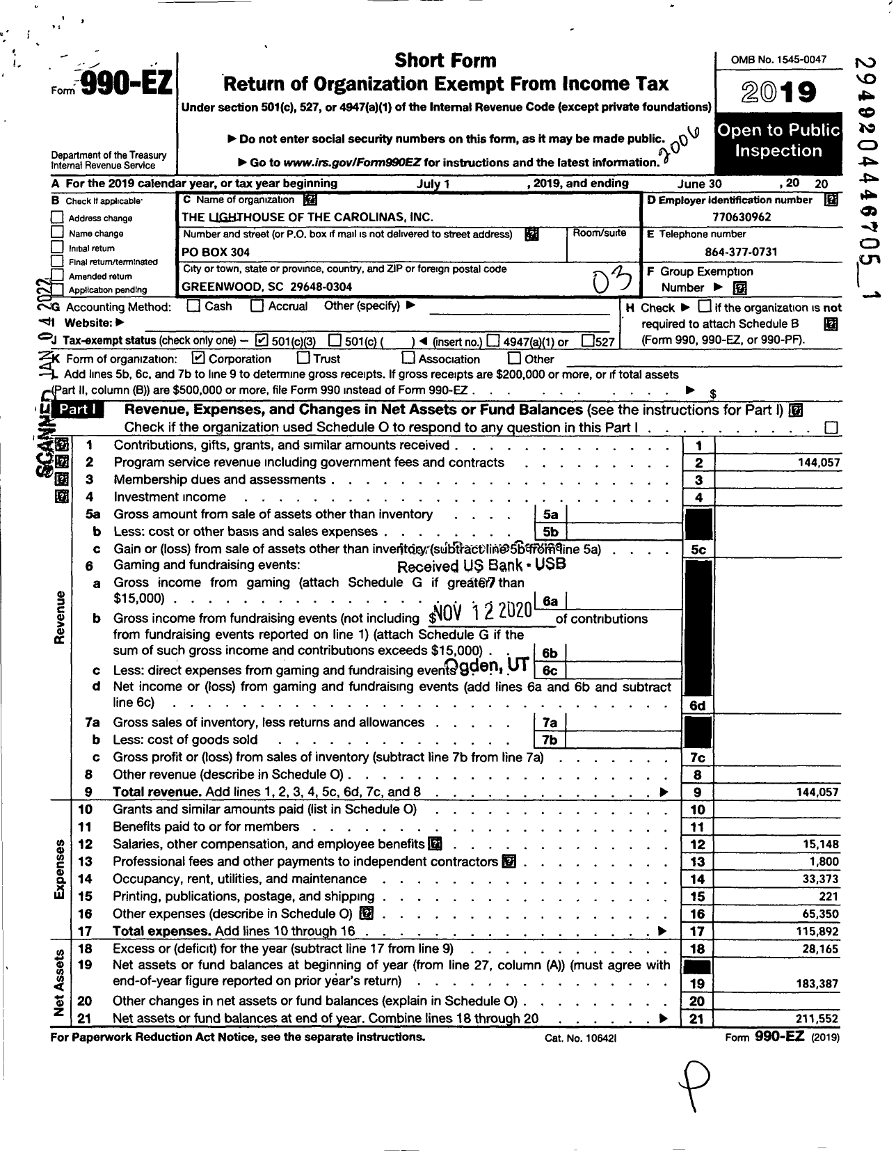 Image of first page of 2019 Form 990EZ for Lighthouse of the Carolinas