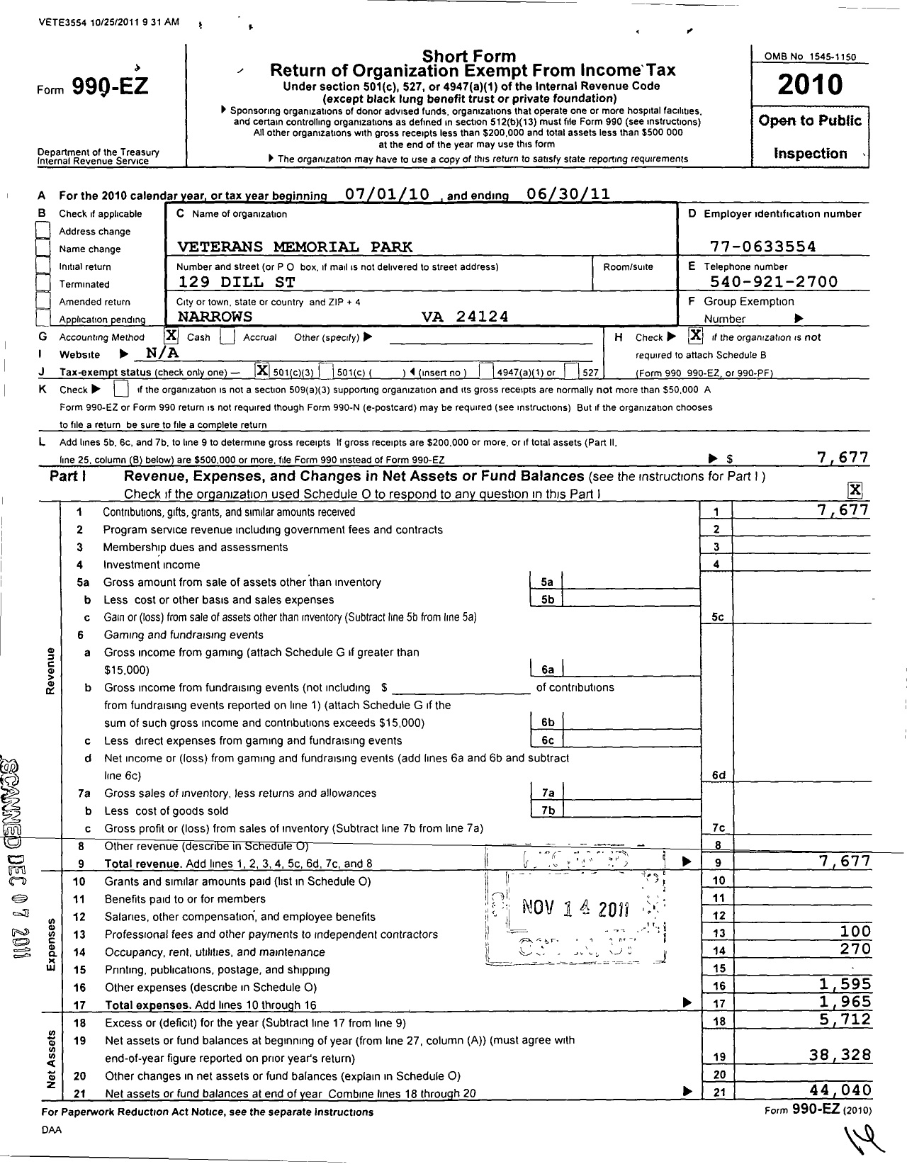 Image of first page of 2010 Form 990EZ for Veterans Memorial Park