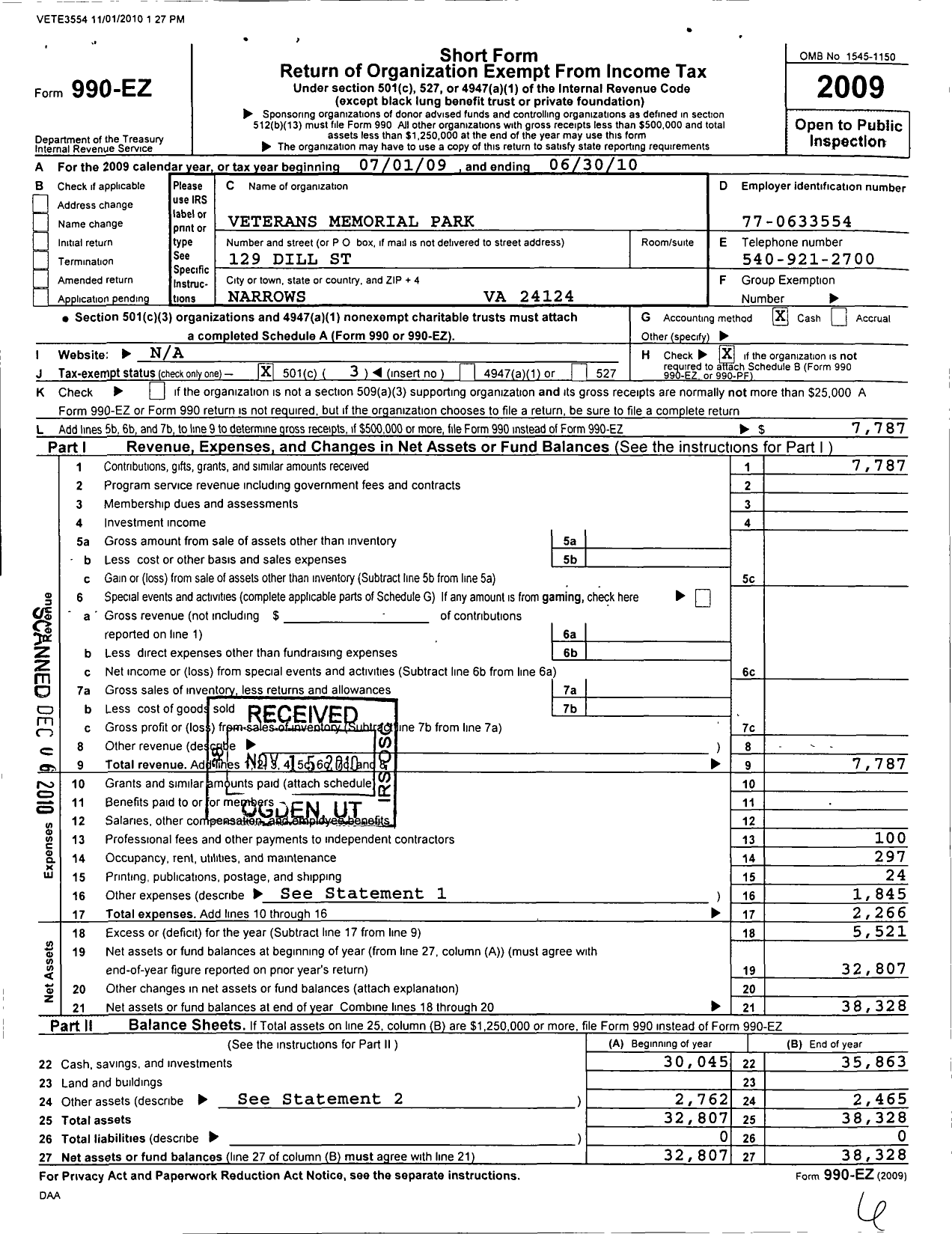 Image of first page of 2009 Form 990EZ for Veterans Memorial Park