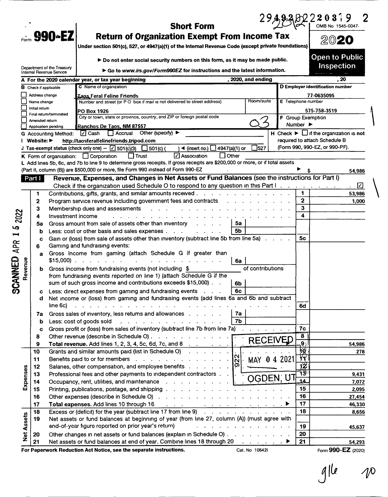 Image of first page of 2020 Form 990EZ for TFFF Spay Neuter Services