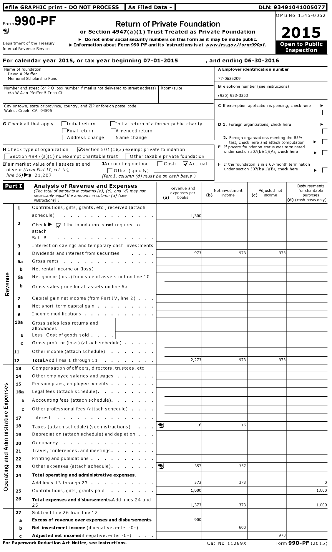 Image of first page of 2015 Form 990PF for David A Pfeiffer Memorial Scholarship Fund