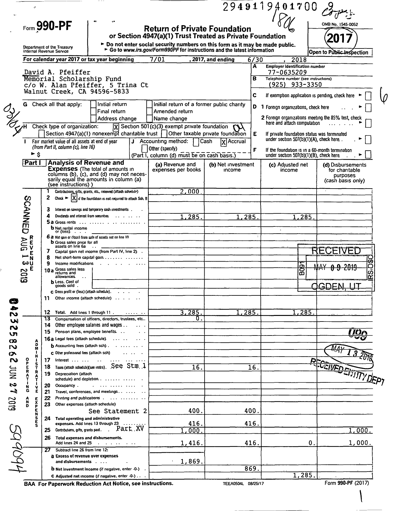 Image of first page of 2017 Form 990PF for David A Pfeiffer Memorial Scholarship Fund