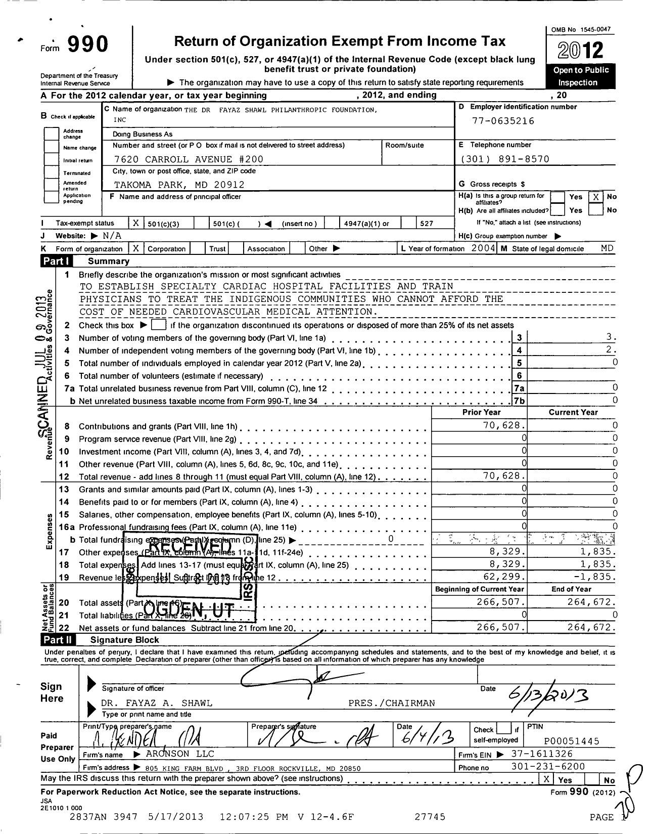 Image of first page of 2012 Form 990 for Dr Fayaz Shawl Philanthropic Foundation