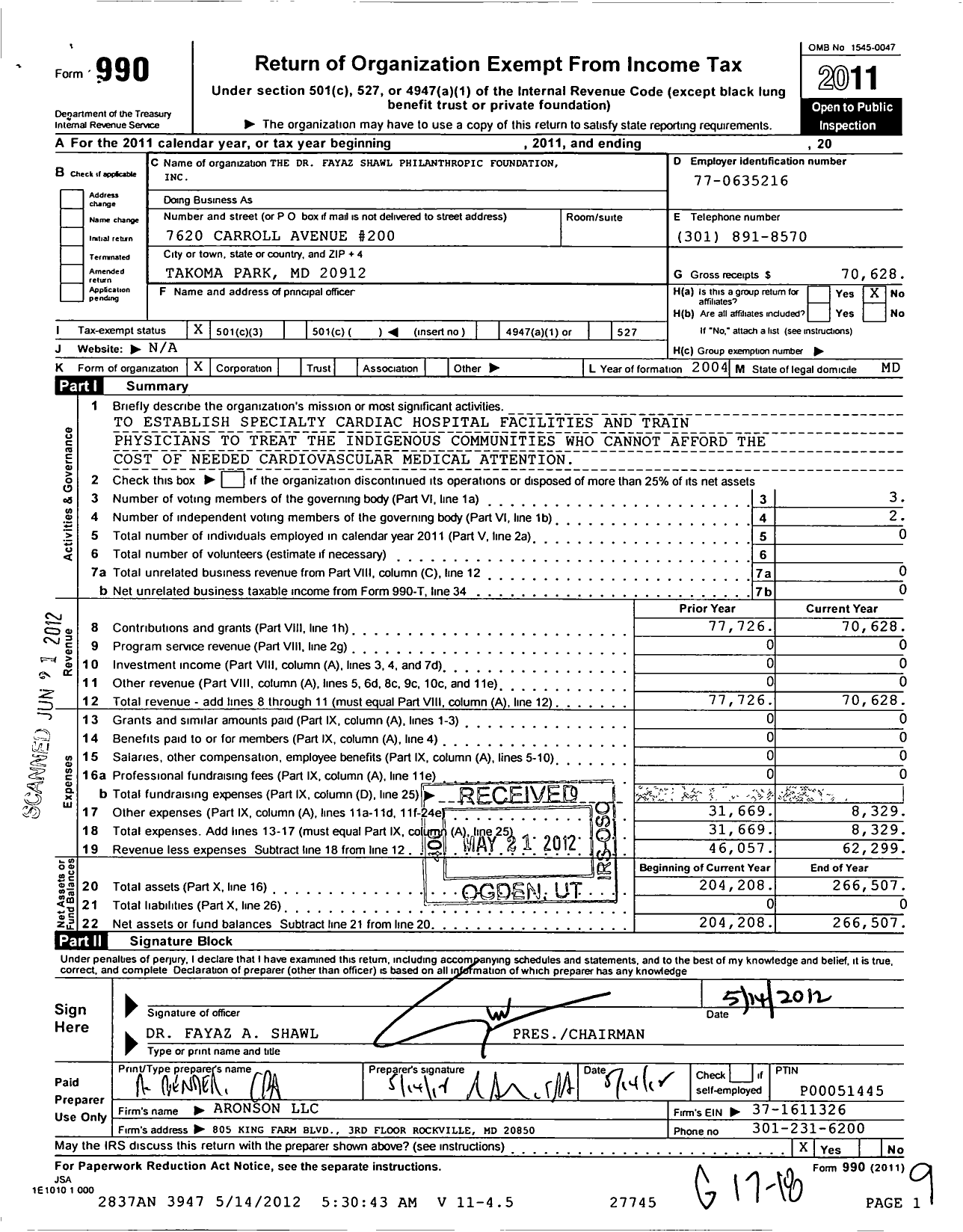 Image of first page of 2011 Form 990 for Dr Fayaz Shawl Philanthropic Foundation