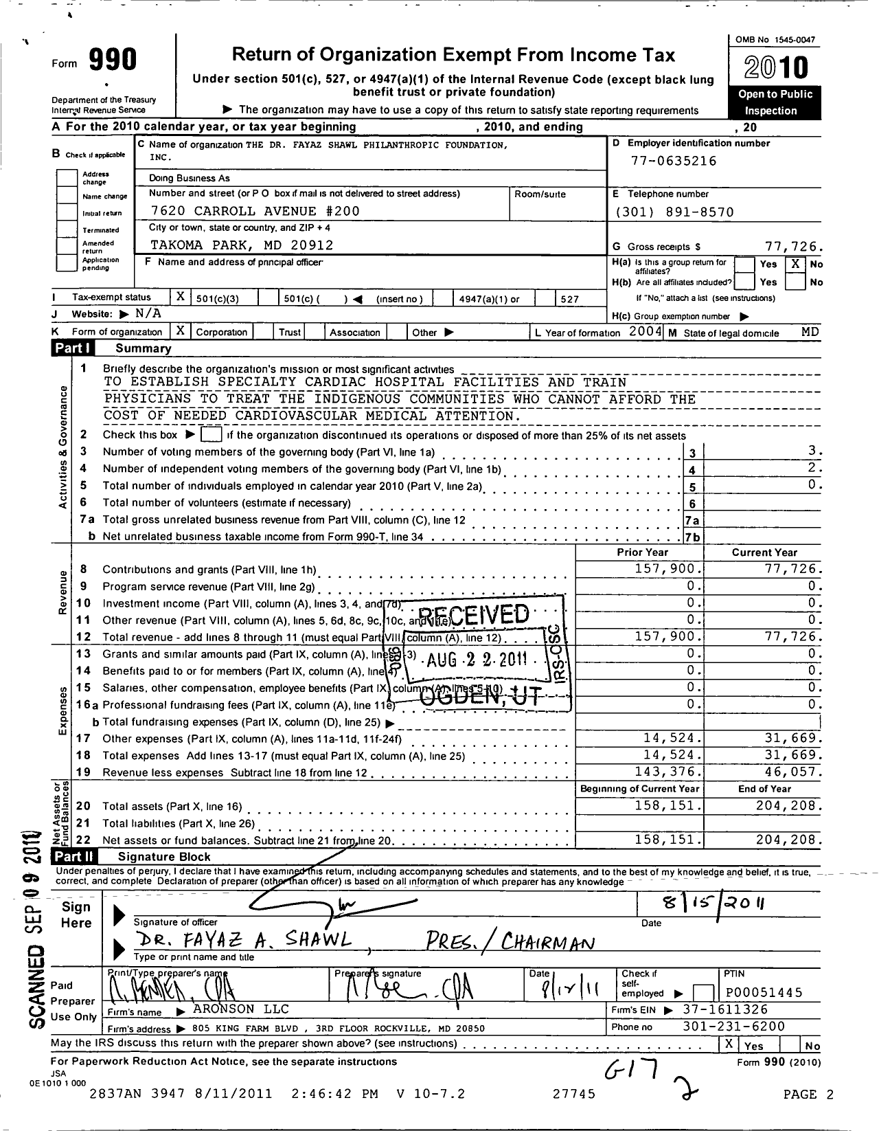 Image of first page of 2010 Form 990 for Dr Fayaz Shawl Philanthropic Foundation