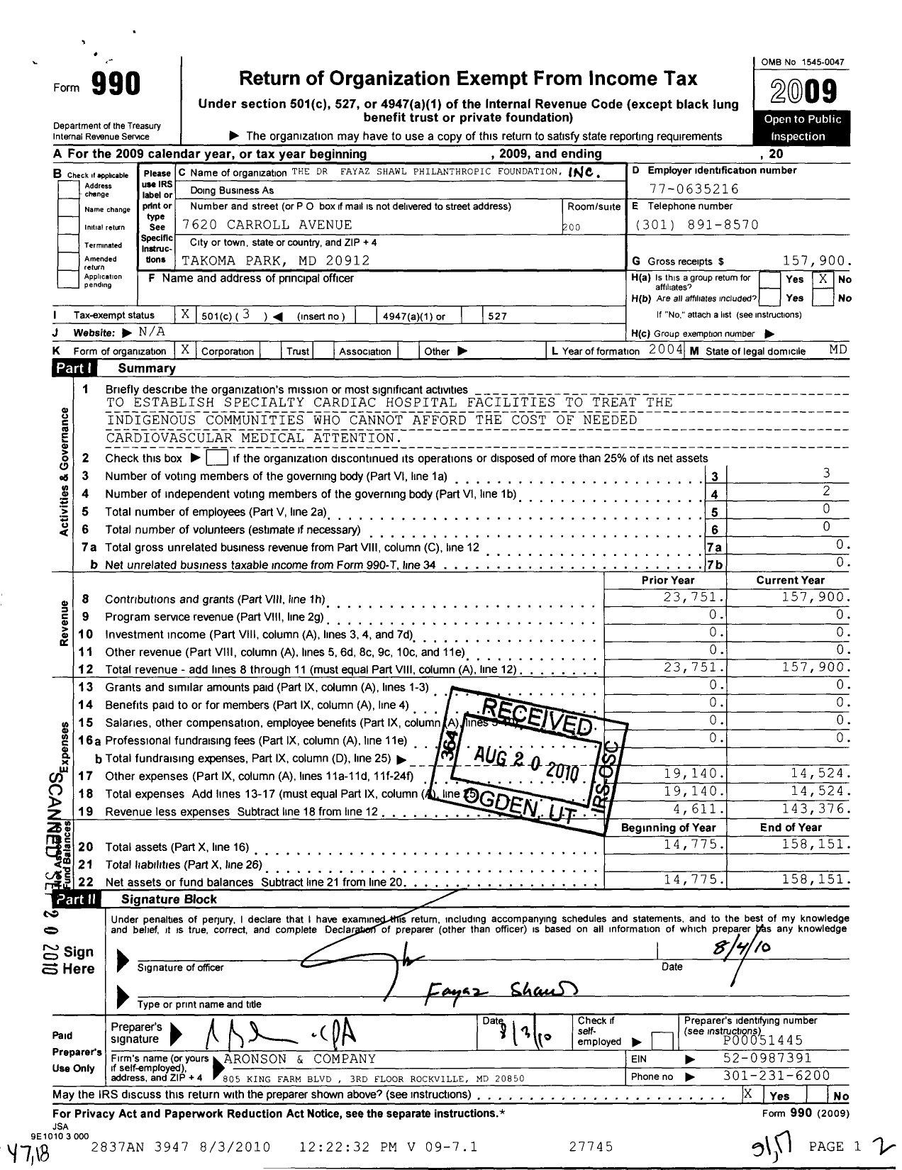 Image of first page of 2009 Form 990 for Dr Fayaz Shawl Philanthropic Foundation