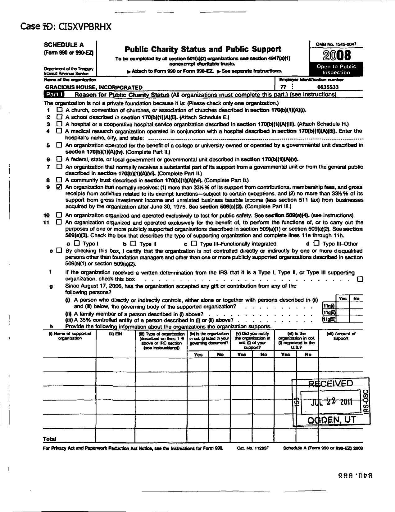 Image of first page of 2008 Form 990ER for Gracious House Incorporated