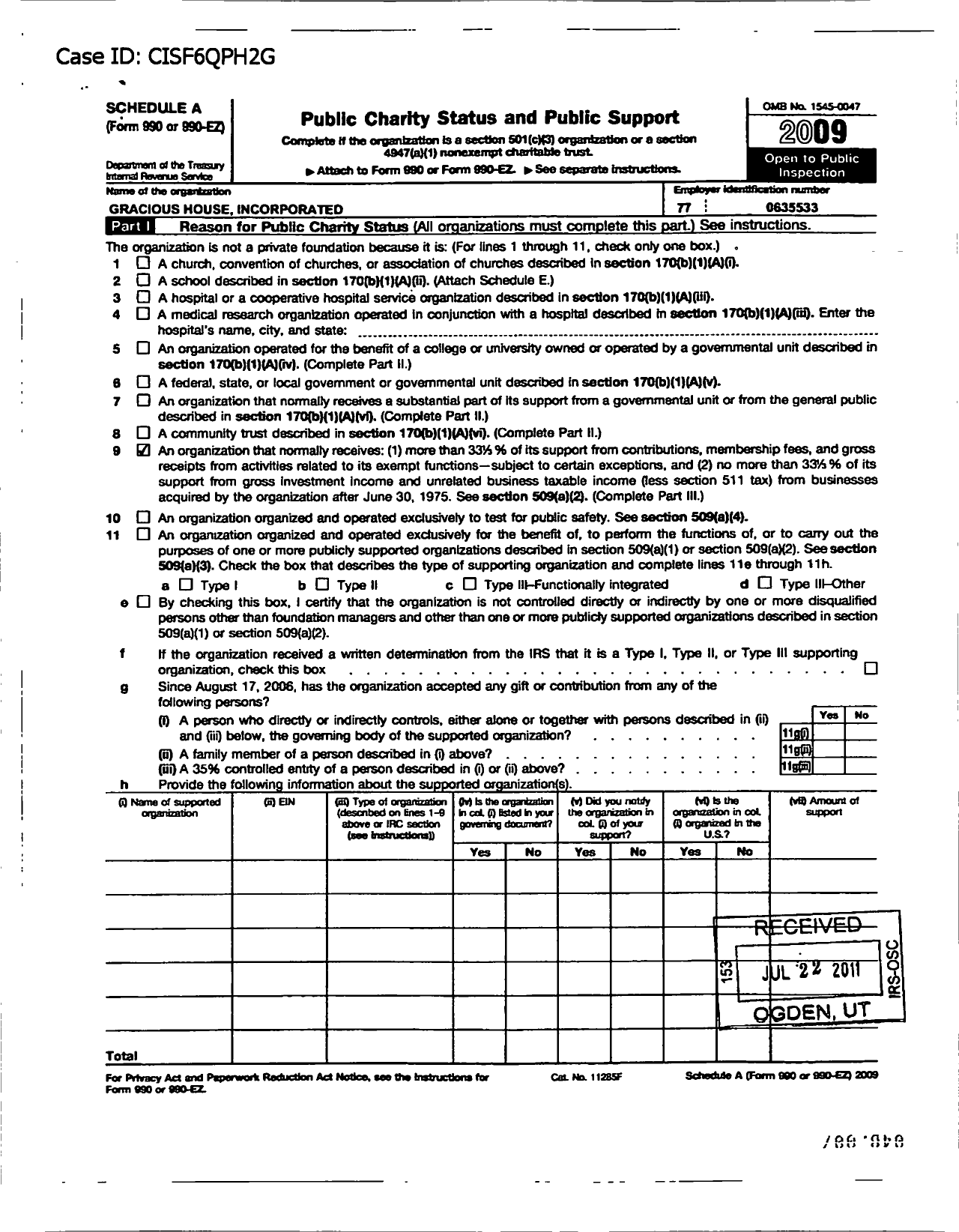 Image of first page of 2009 Form 990ER for Gracious House Incorporated