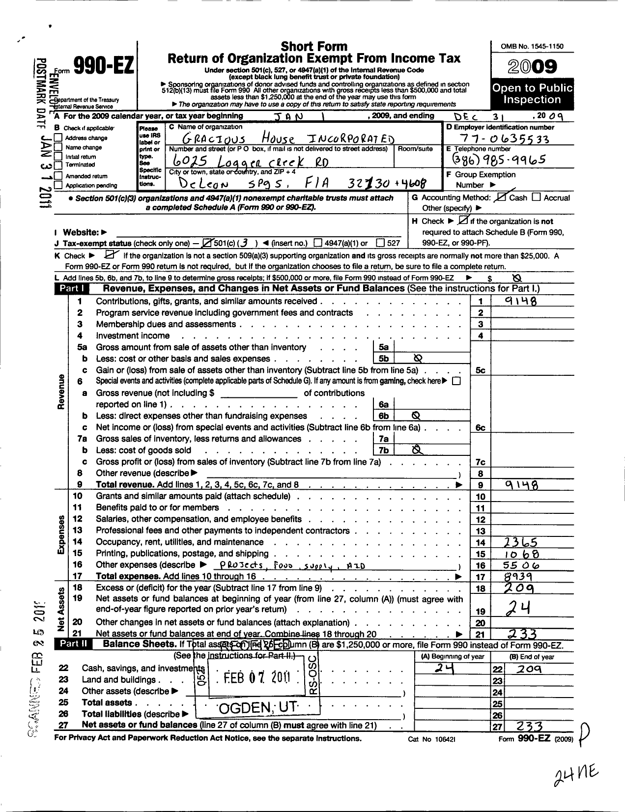 Image of first page of 2009 Form 990EZ for Gracious House Incorporated