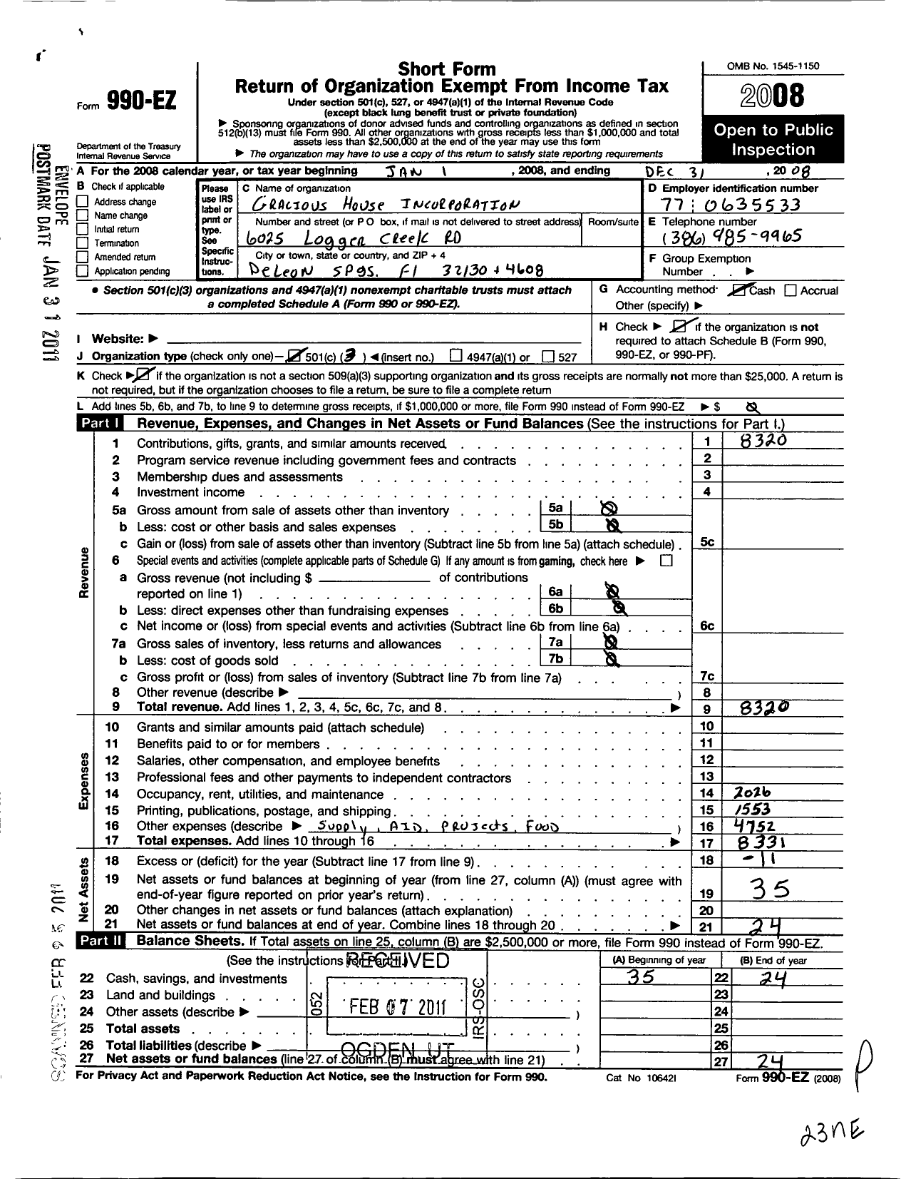 Image of first page of 2008 Form 990EZ for Gracious House Incorporated