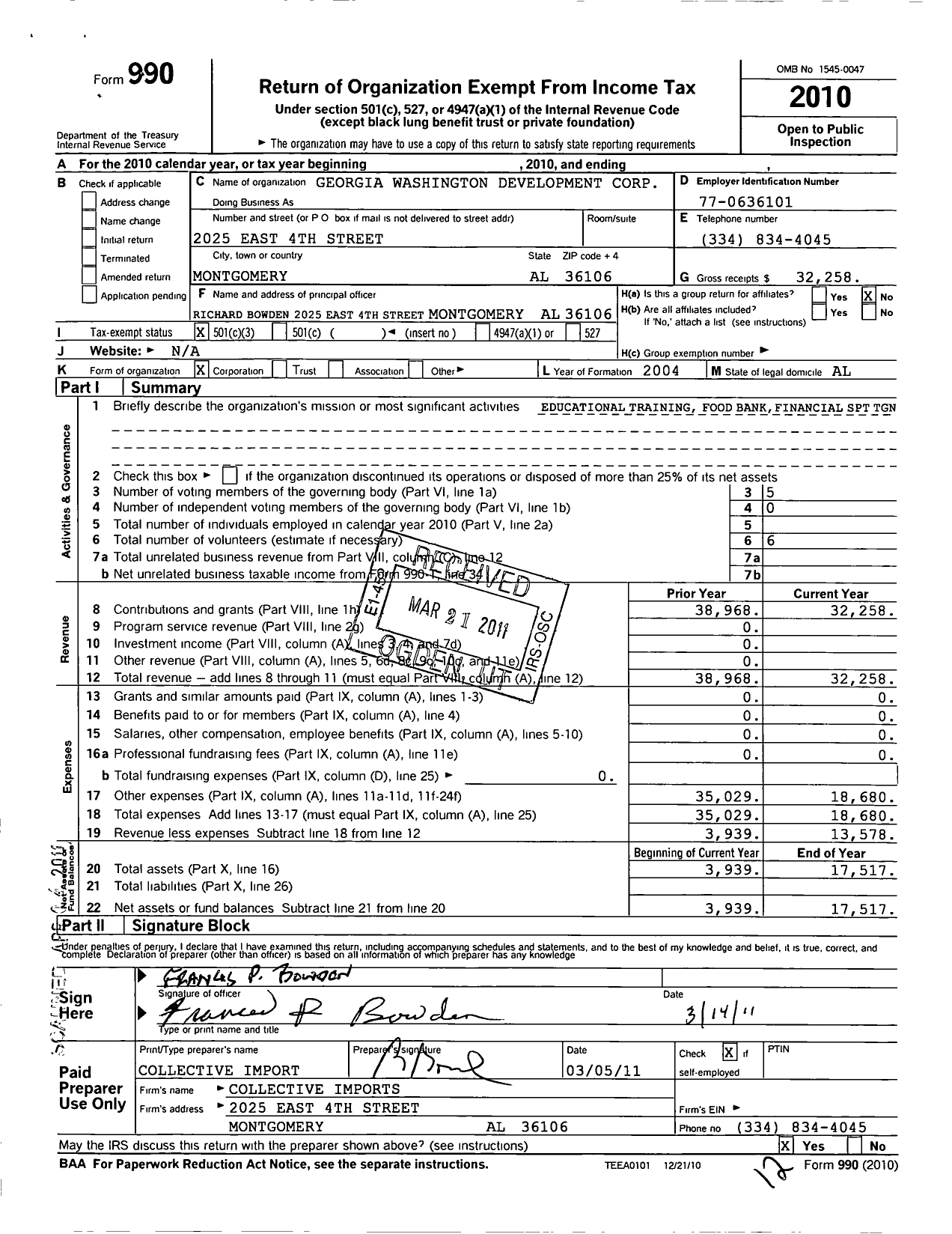 Image of first page of 2010 Form 990 for Georgia Washington Community Development Corporation