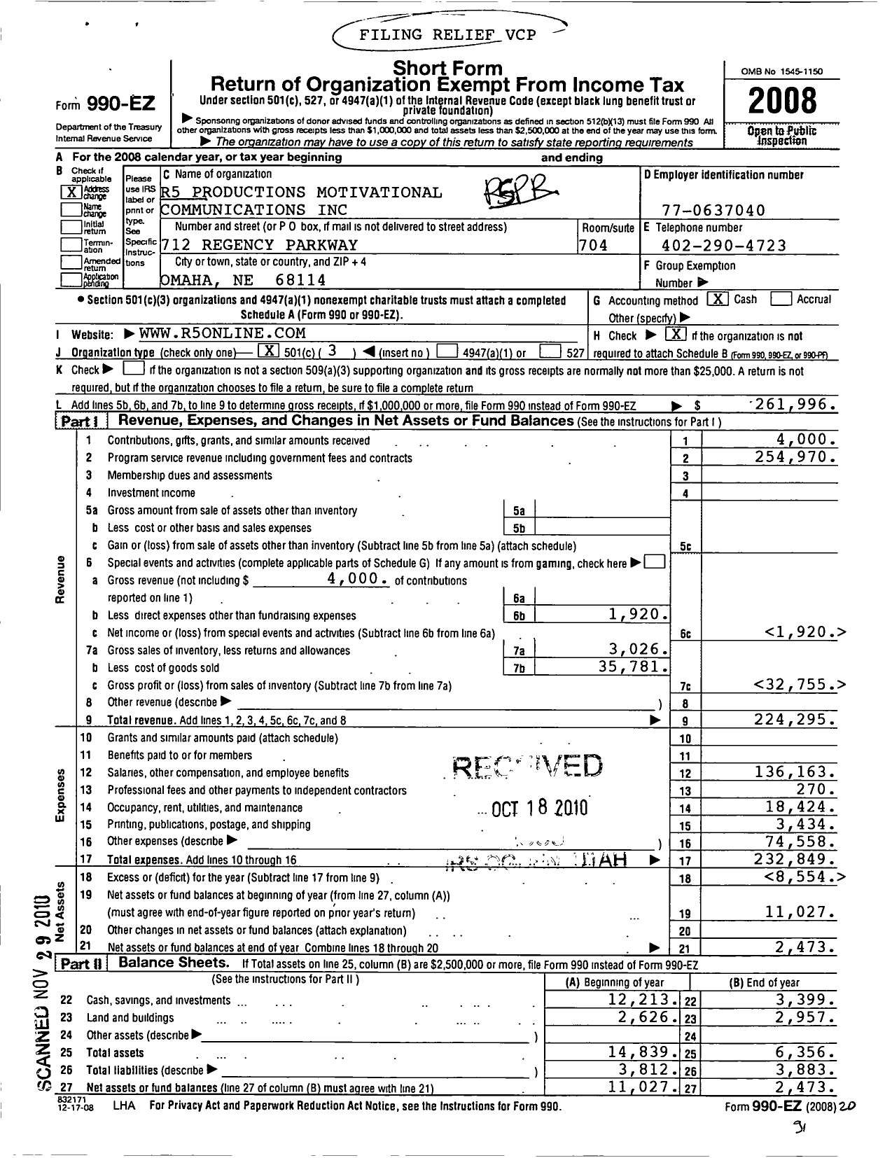 Image of first page of 2008 Form 990EZ for R5 Productions Motivational Communications