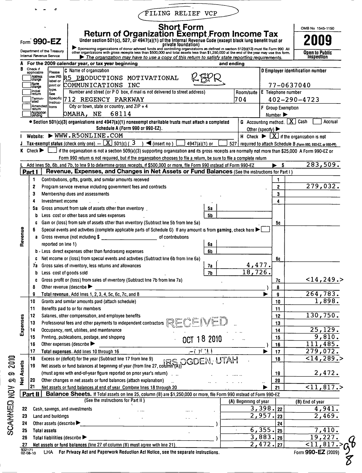 Image of first page of 2009 Form 990EZ for R5 Productions Motivational Communications