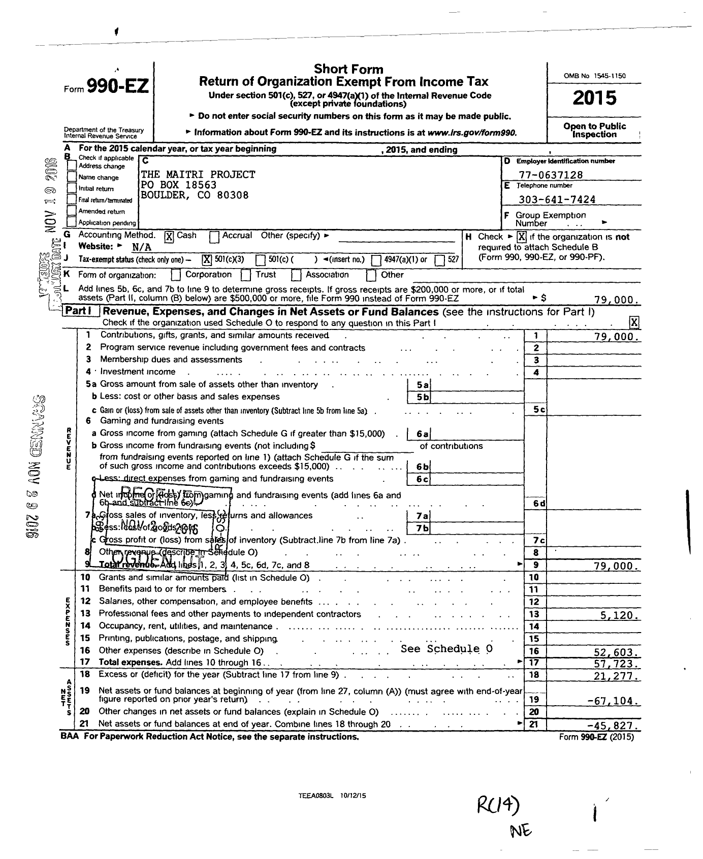 Image of first page of 2015 Form 990EZ for The Maitri Project