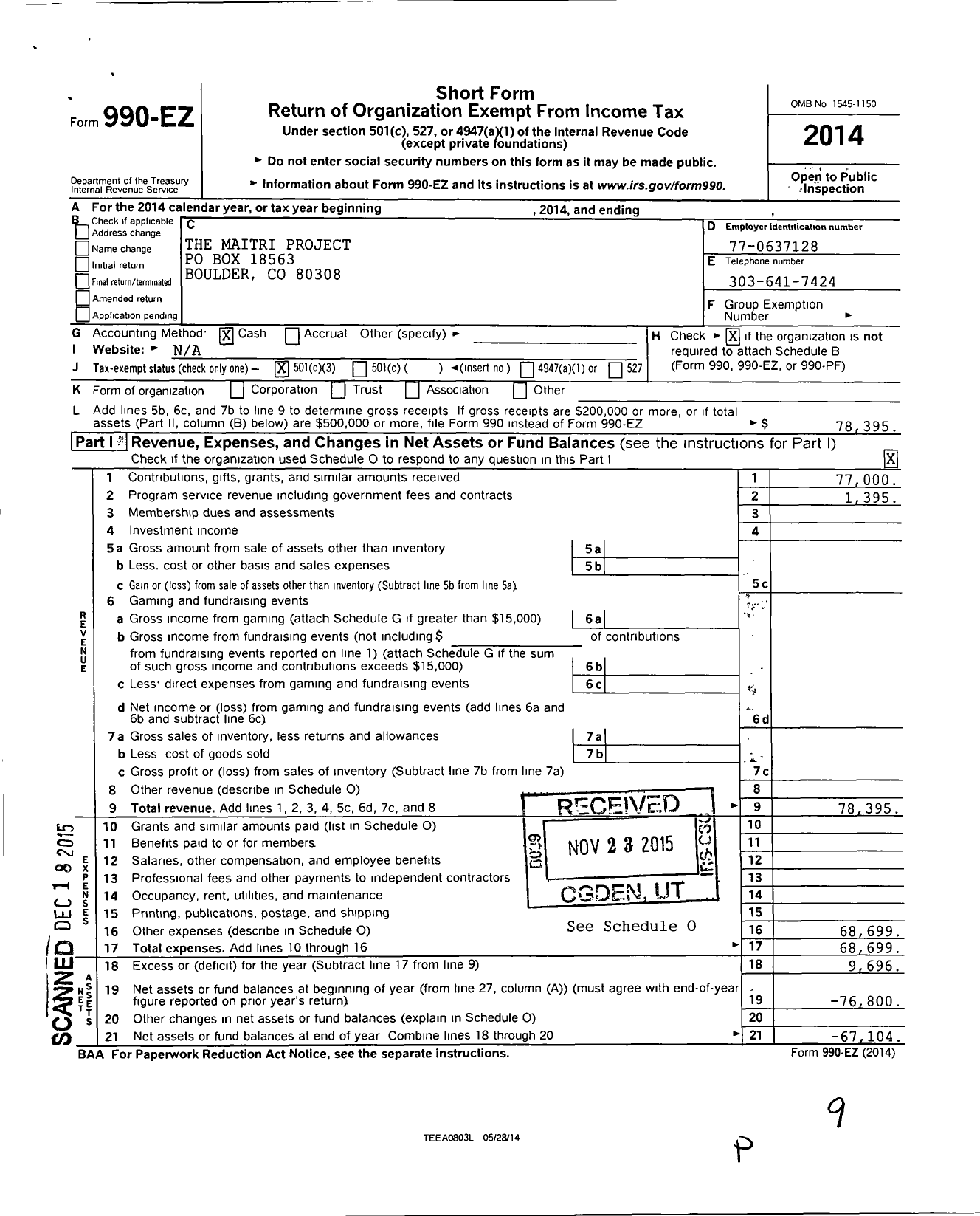 Image of first page of 2014 Form 990EZ for The Maitri Project