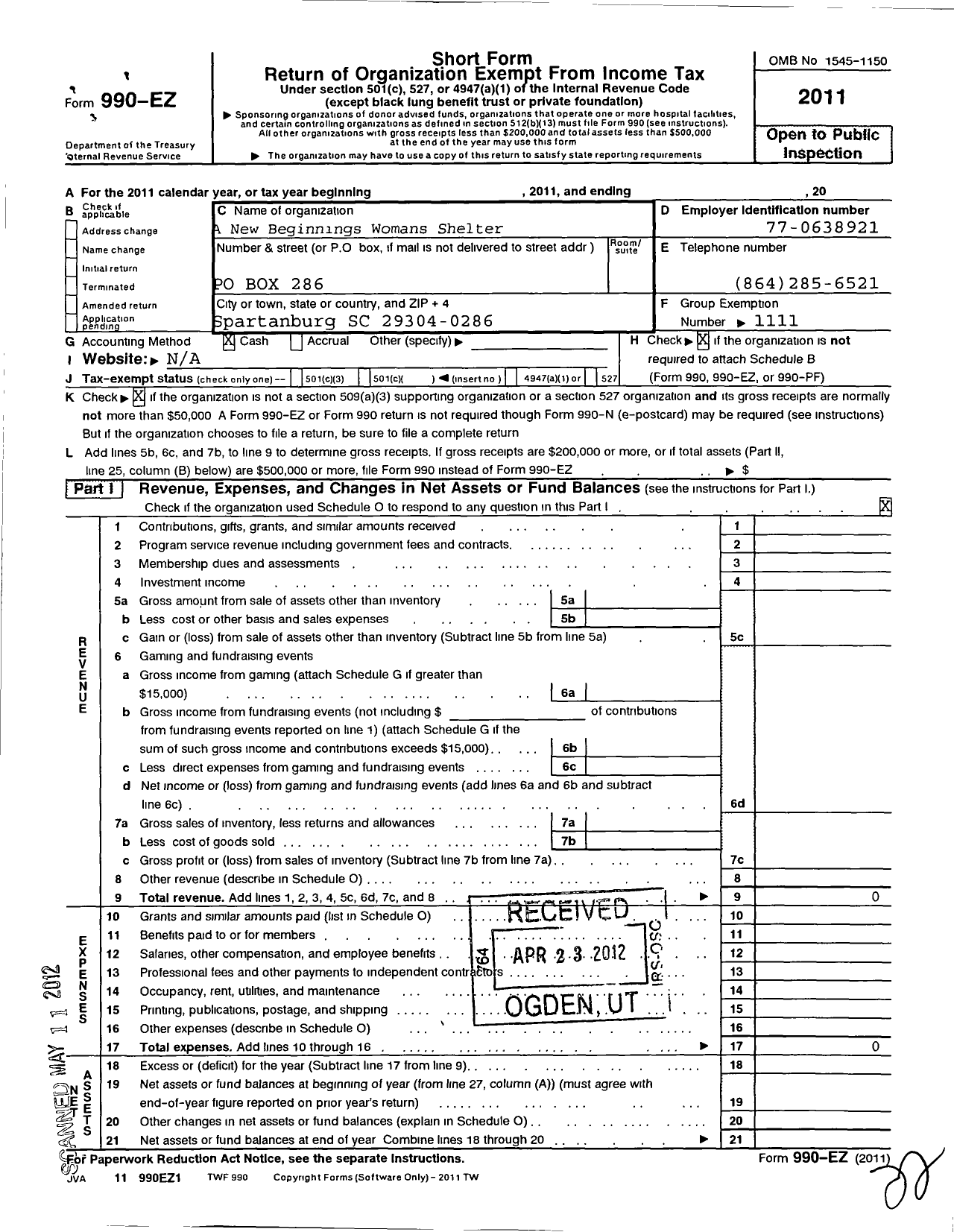 Image of first page of 2011 Form 990EO for A New Beginnings Womens Shelter