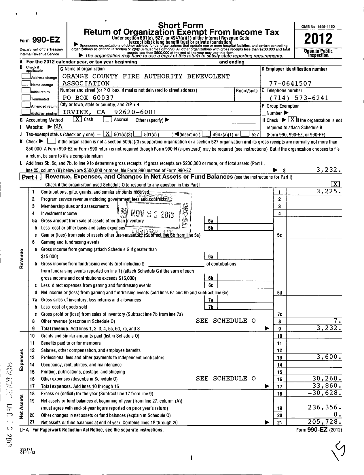 Image of first page of 2012 Form 990EZ for Orange County Fire Authority Benevolent Association