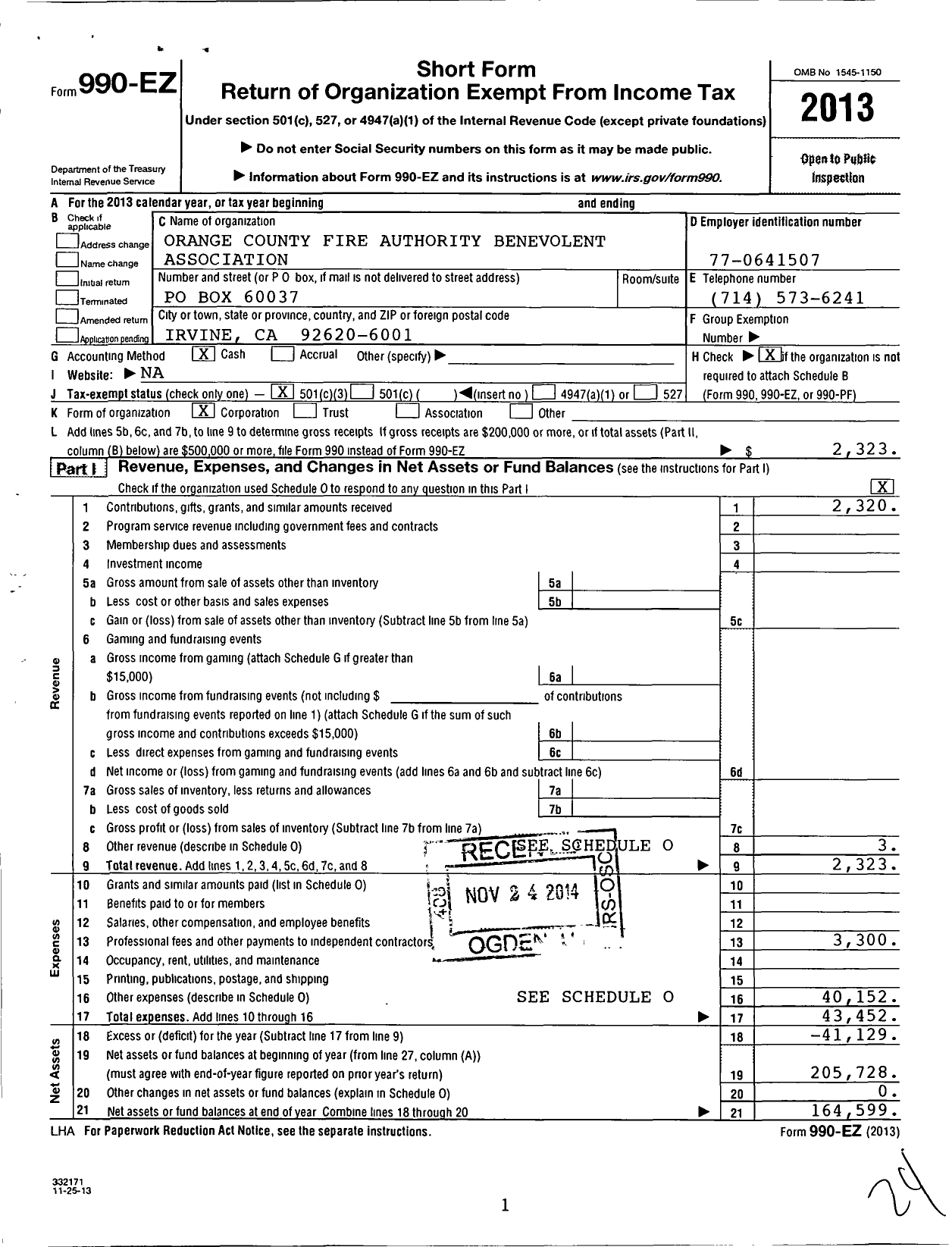 Image of first page of 2013 Form 990EZ for Orange County Fire Authority Benevolent Association