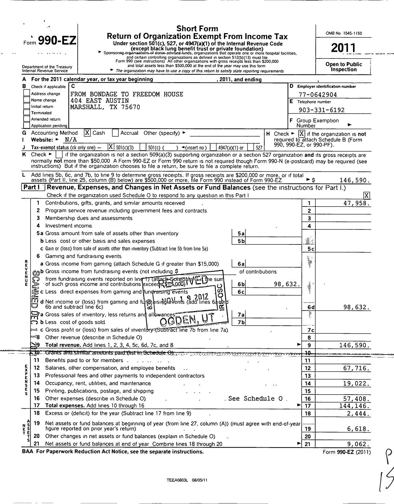 Image of first page of 2011 Form 990EZ for From Bondage To Freedom House