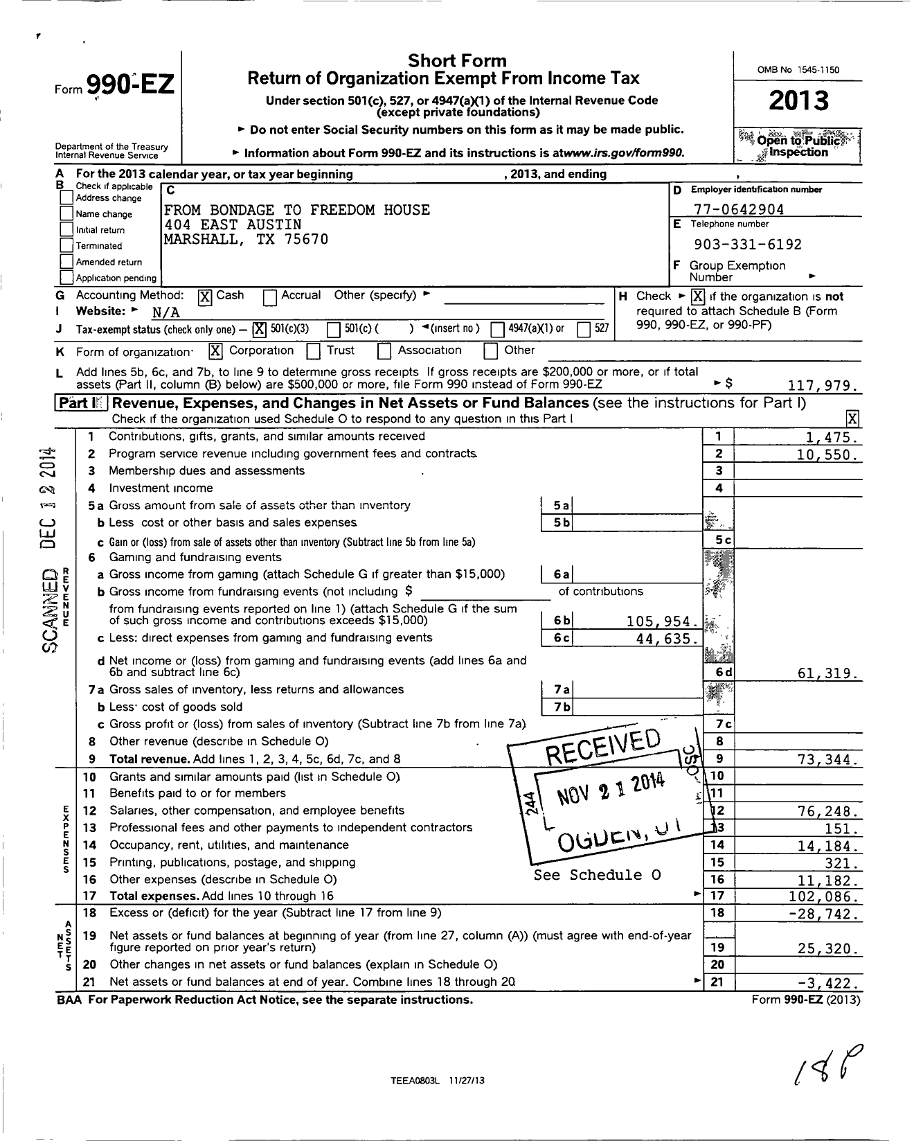 Image of first page of 2013 Form 990EZ for From Bondage To Freedom House