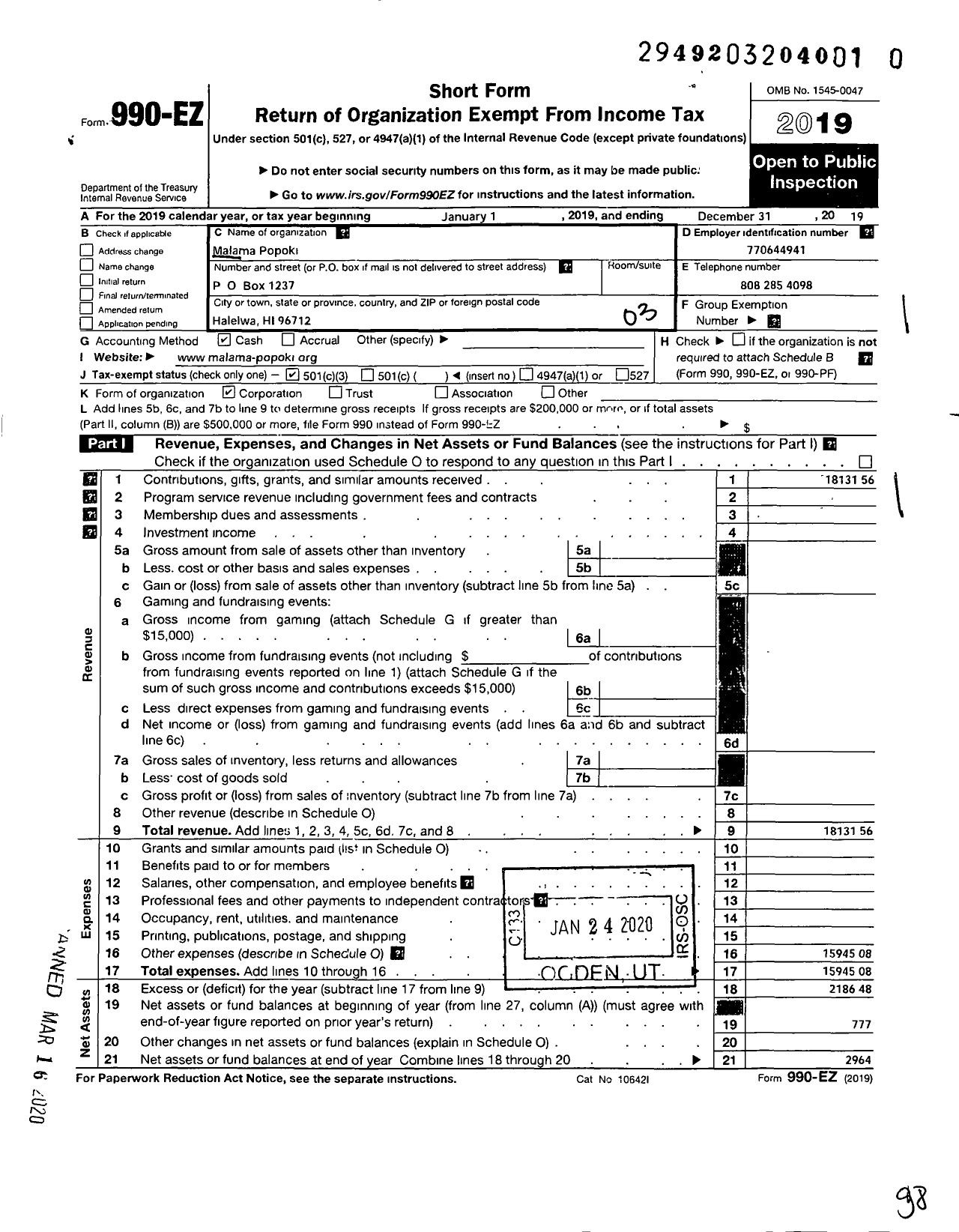 Image of first page of 2019 Form 990EZ for Malama Popoki