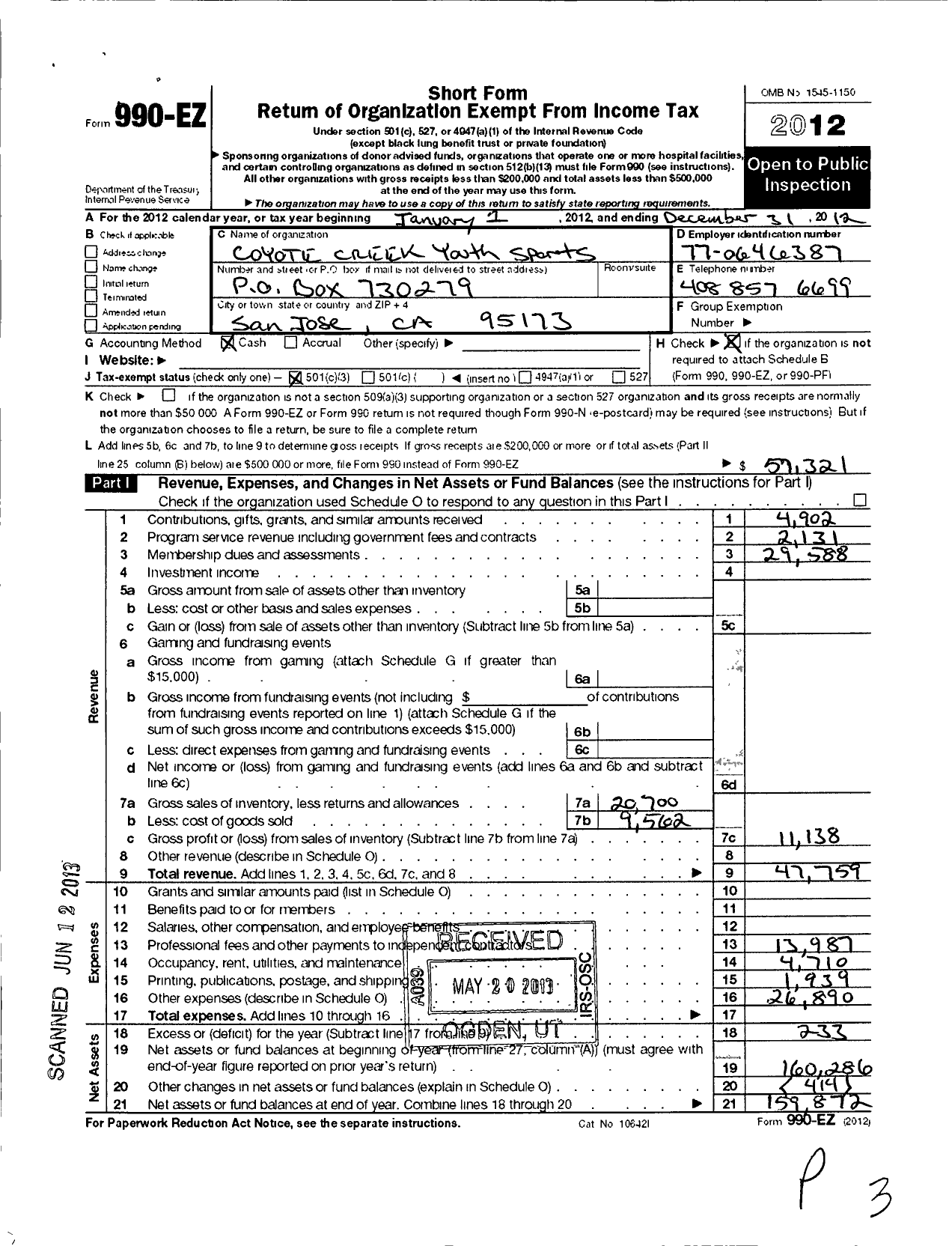 Image of first page of 2012 Form 990EZ for Pop Warner Little Scholars / Coyote Creek Youth Sports