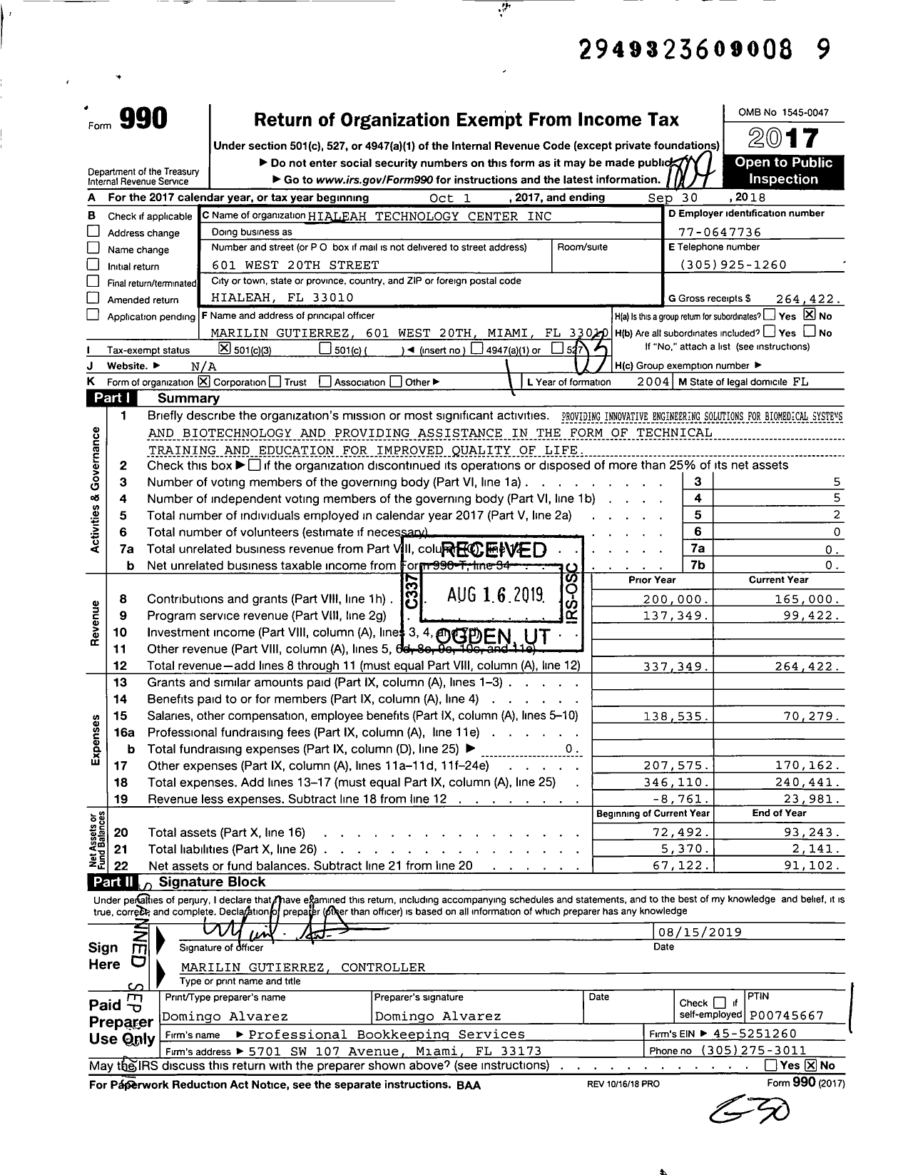 Image of first page of 2017 Form 990 for Hialeah Technology Center