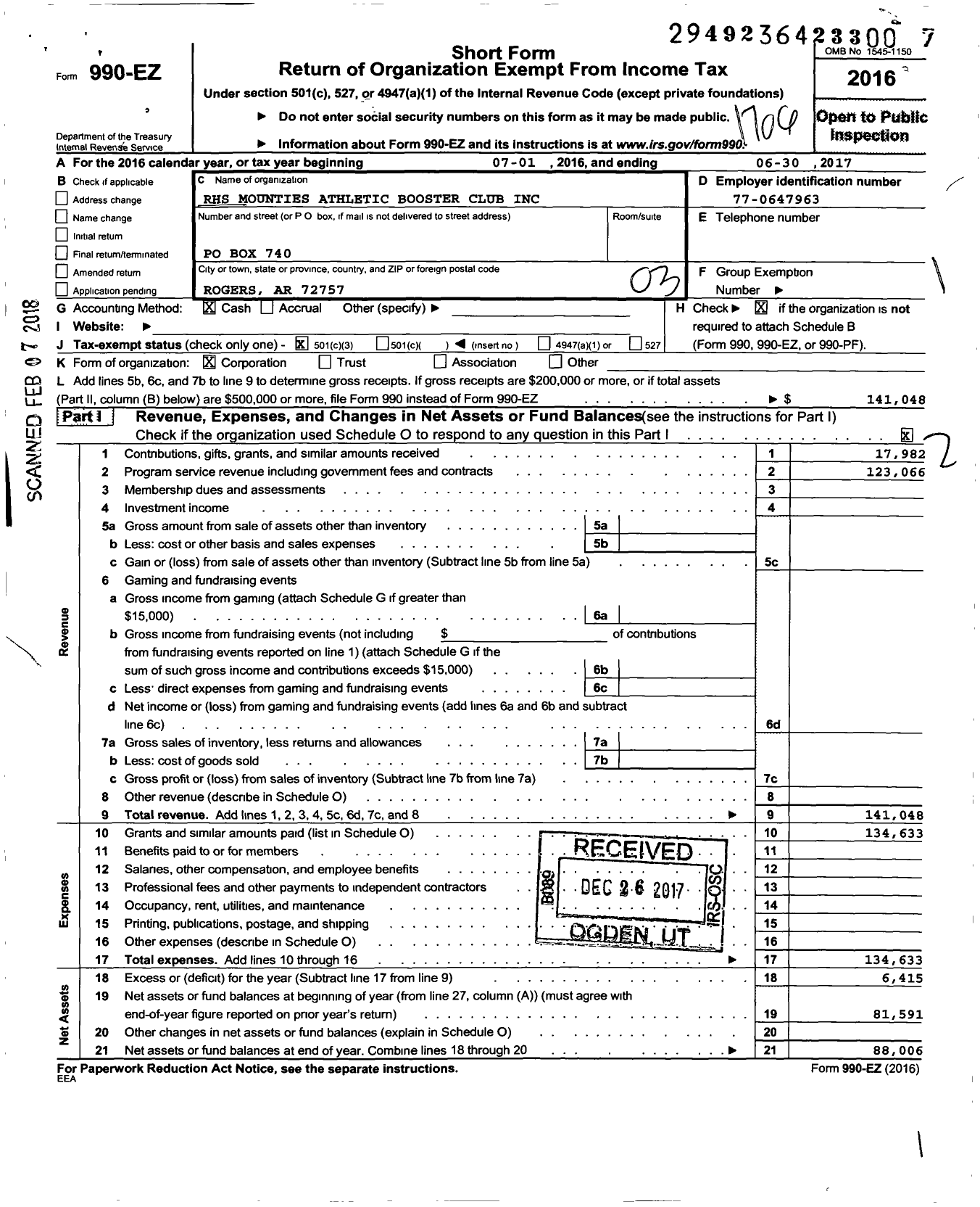 Image of first page of 2016 Form 990EZ for RHS Mounties Athletic Booster Club