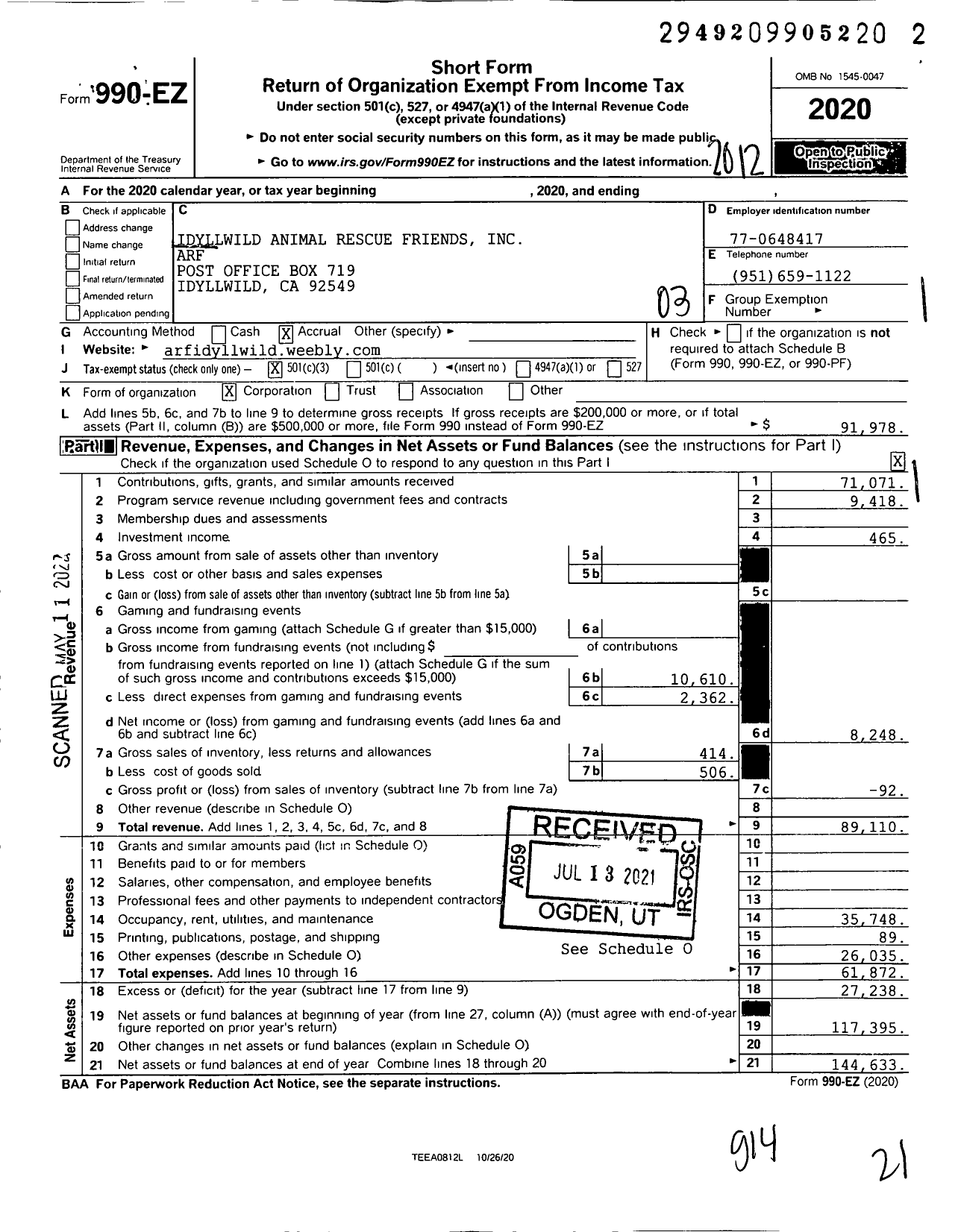 Image of first page of 2020 Form 990EZ for Idyllwild Animal Rescue Friends Arf