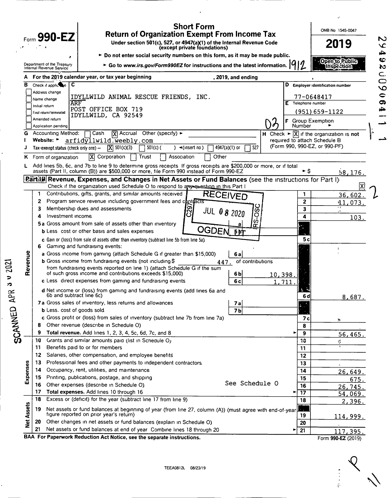 Image of first page of 2019 Form 990EZ for Idyllwild Animal Rescue Friends Arf