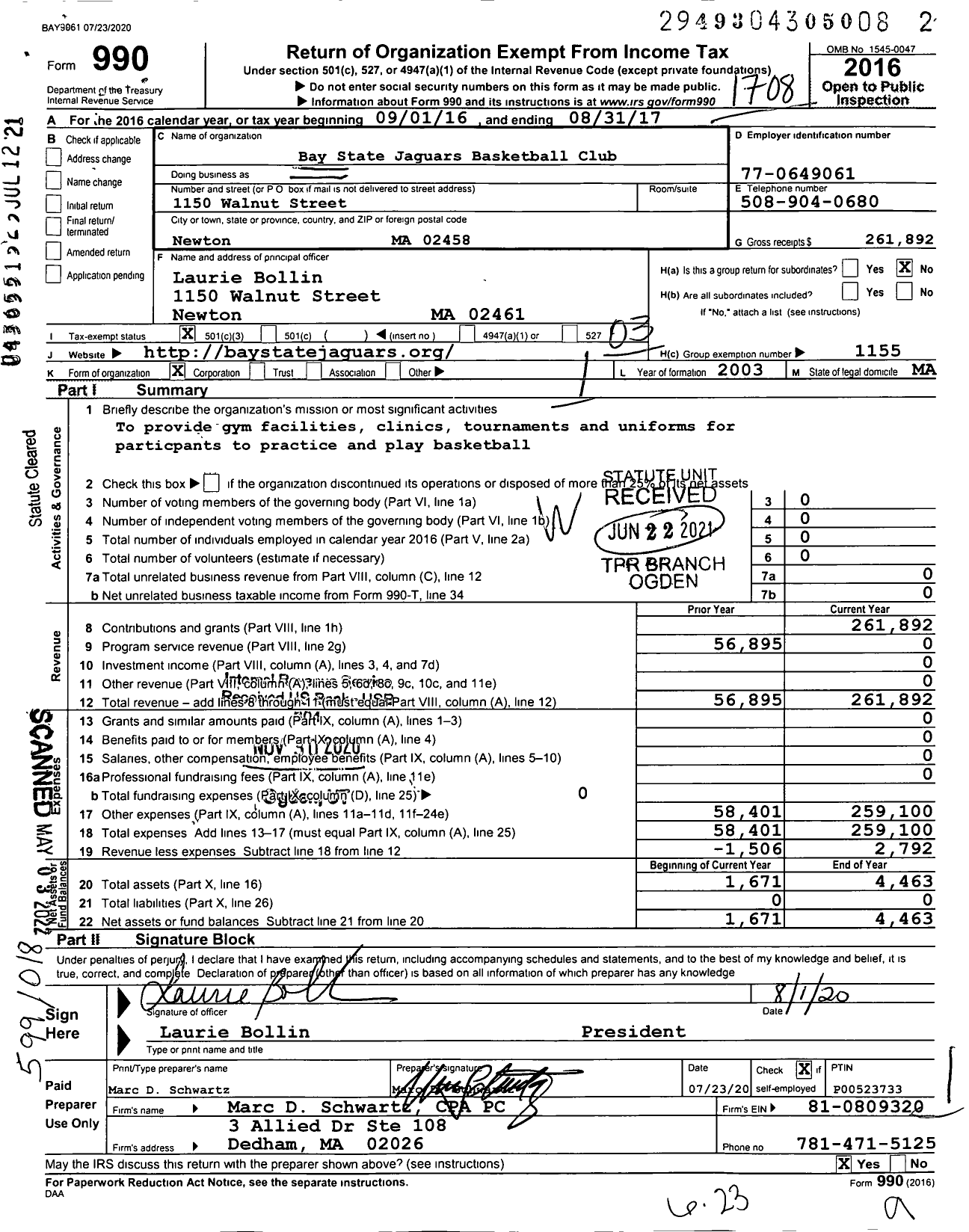 Image of first page of 2016 Form 990 for Amateur Athletic Union - Bay State Jaguars