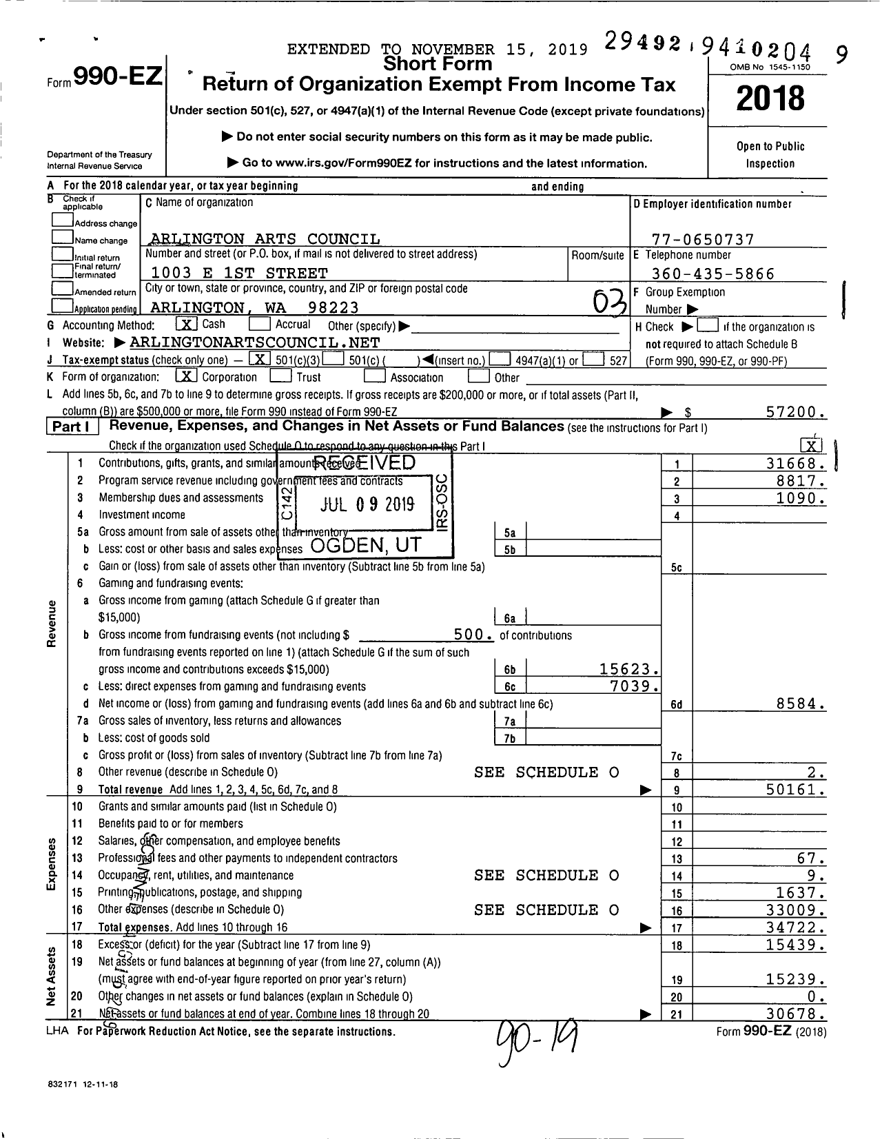 Image of first page of 2018 Form 990EZ for Arlington Arts Council (AAC)