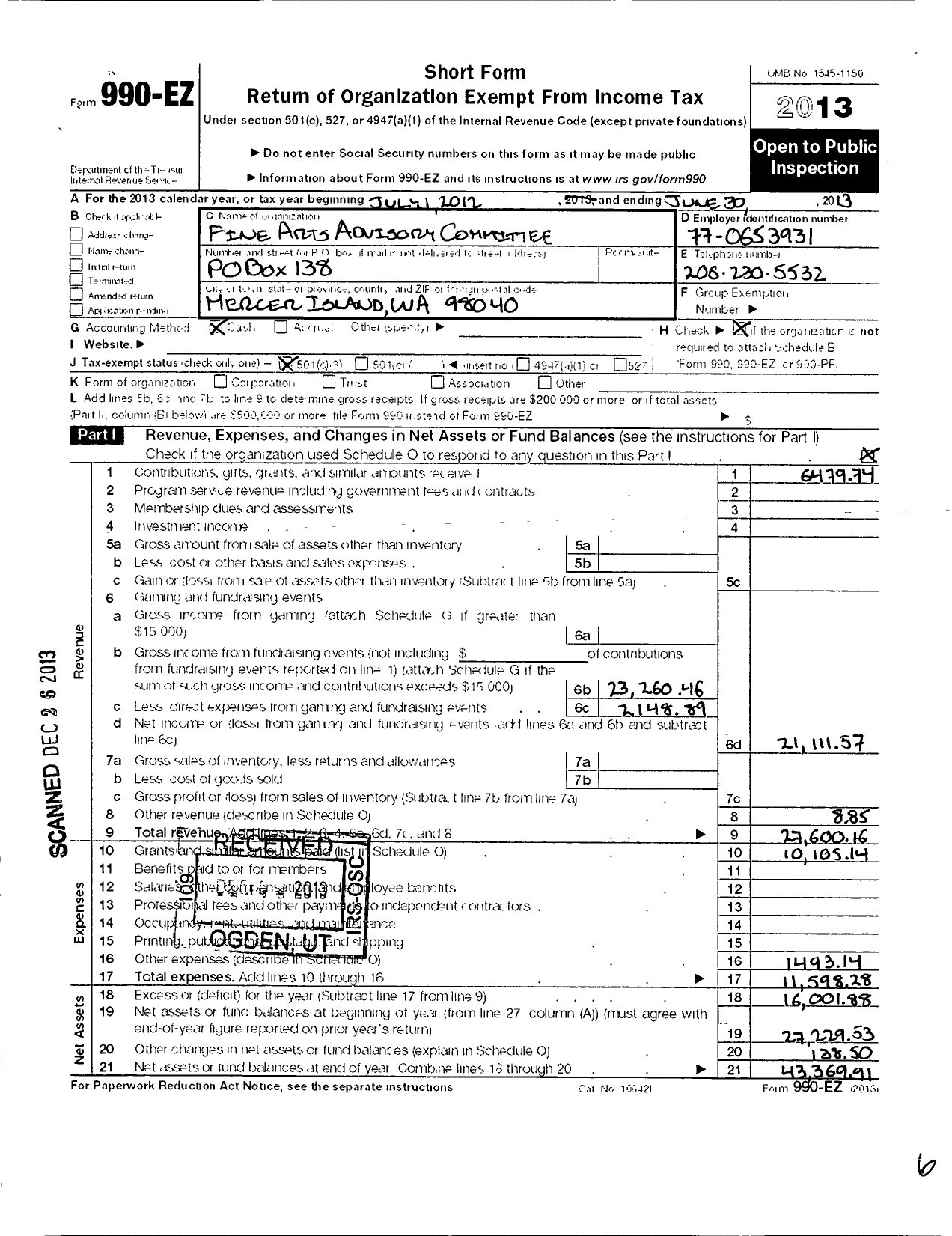 Image of first page of 2012 Form 990EZ for Fine Arts Advisory Committee