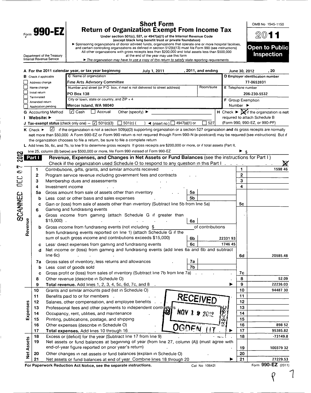 Image of first page of 2011 Form 990EZ for Fine Arts Advisory Committee