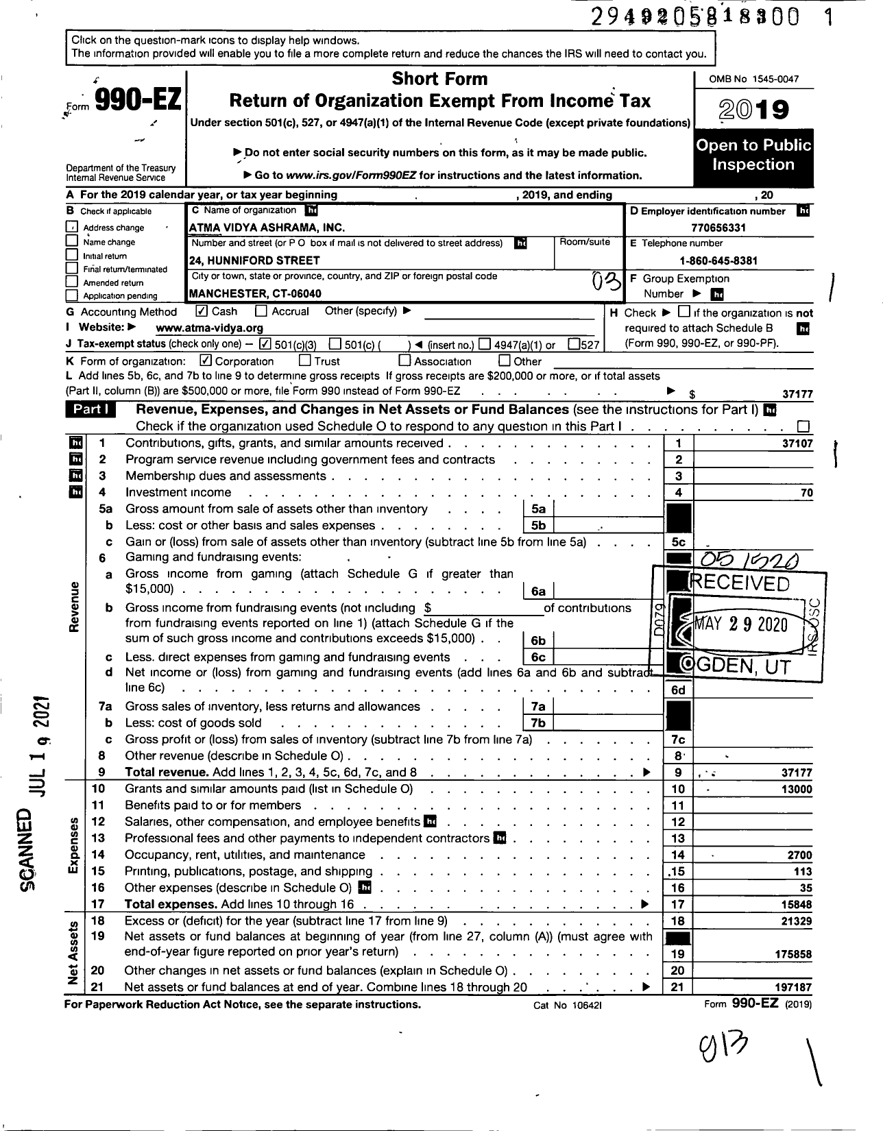 Image of first page of 2019 Form 990EZ for Atma Vidya Ashrama