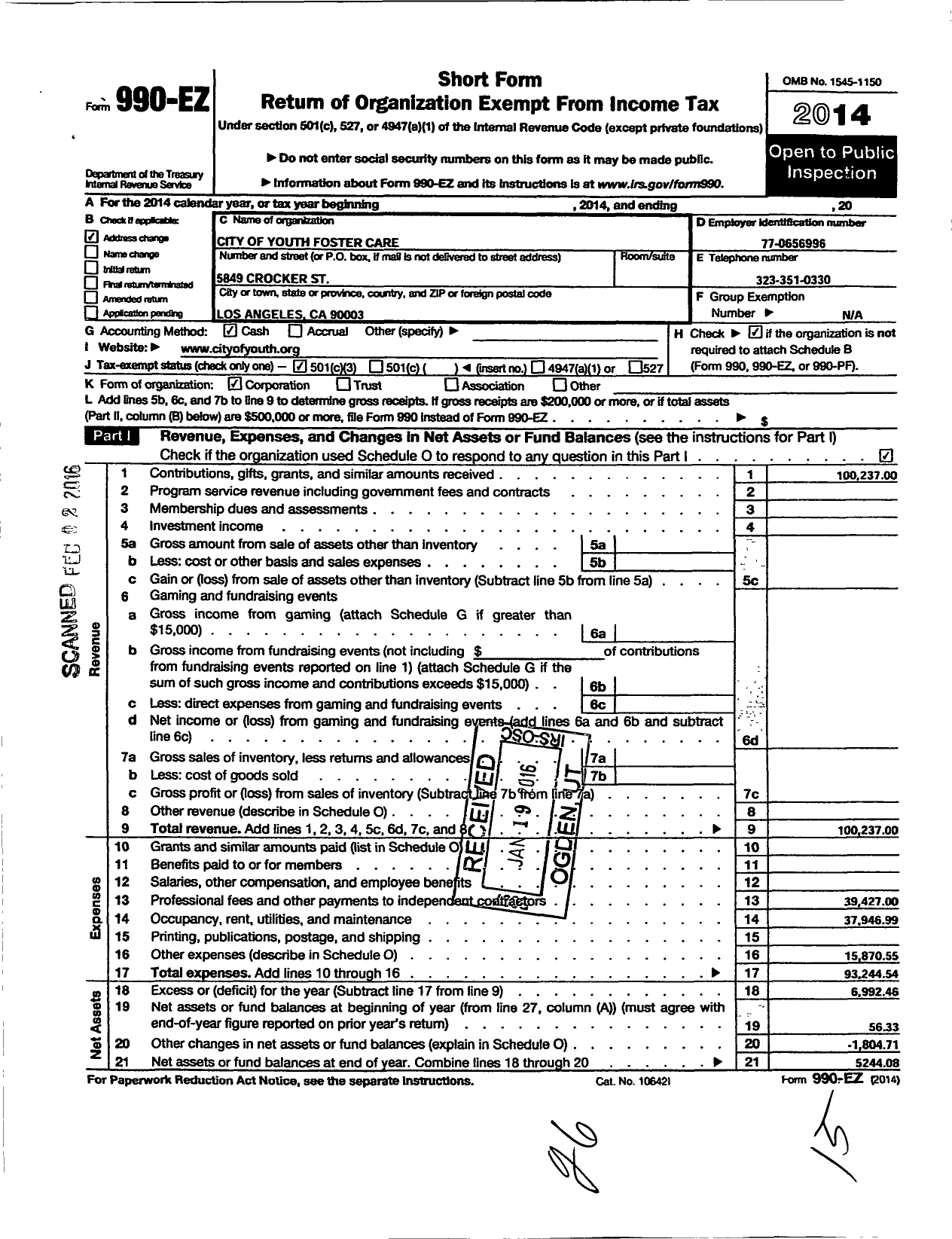 Image of first page of 2014 Form 990EZ for City of Youth Foster Care