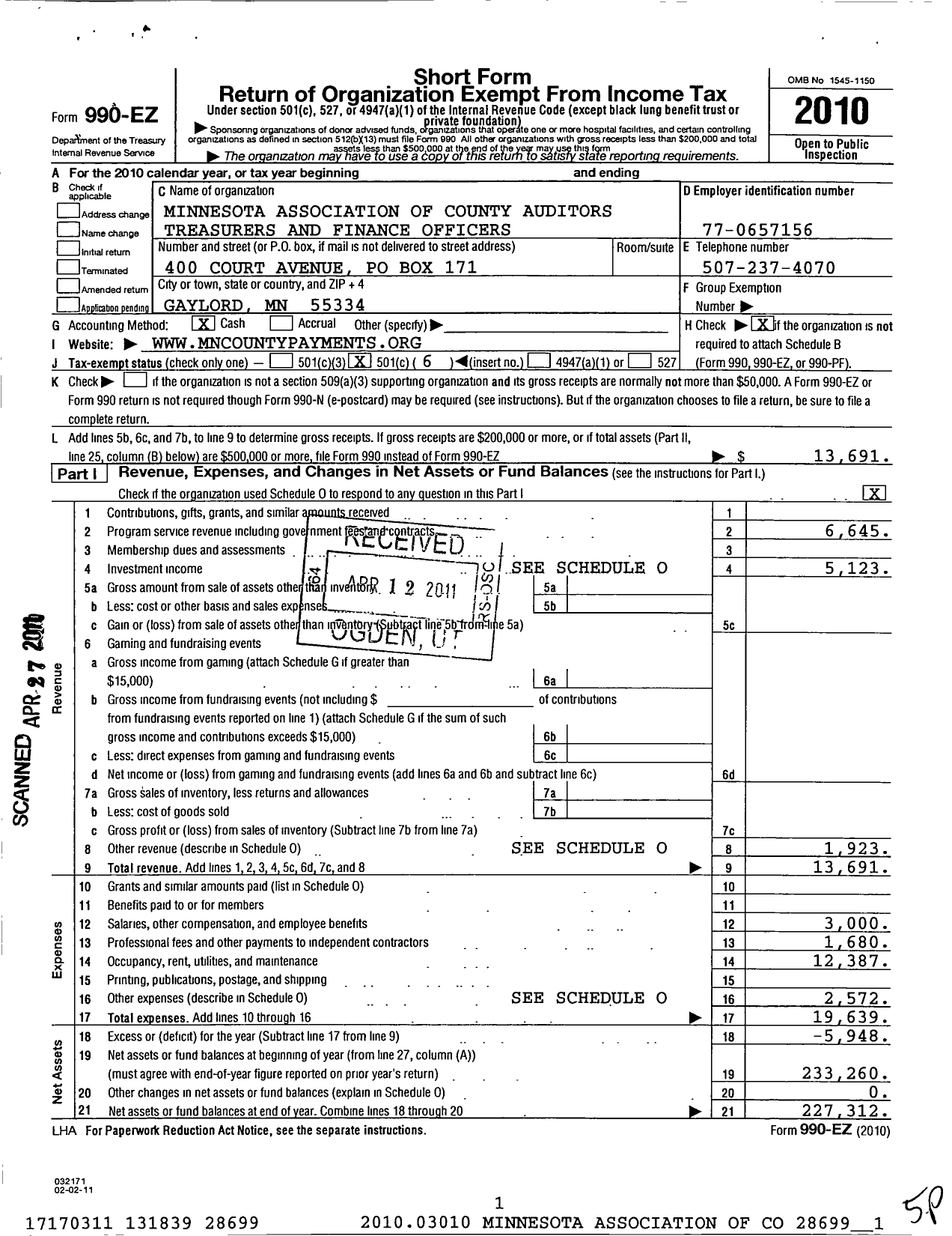 Image of first page of 2010 Form 990EO for Minnesota Association of County Auditors Treasurers and Finance Officers