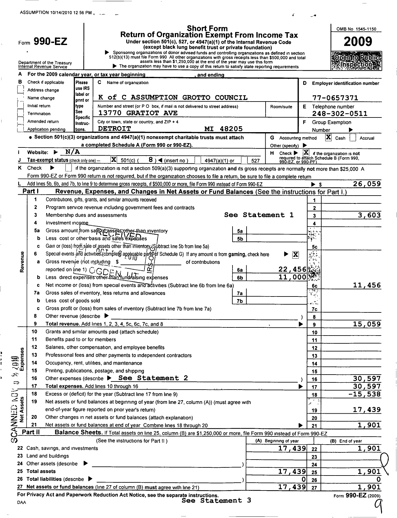 Image of first page of 2009 Form 990EO for Knights of Columbus Assumption Council No 13419