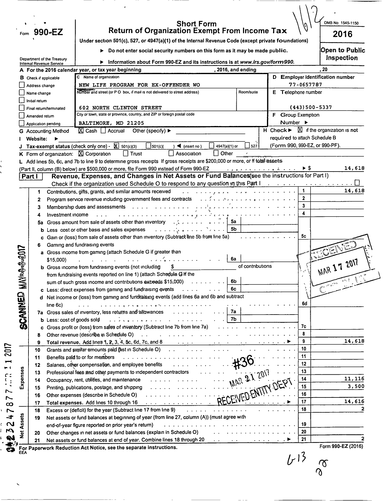 Image of first page of 2016 Form 990EZ for New Life Program for Ex-Offender Women