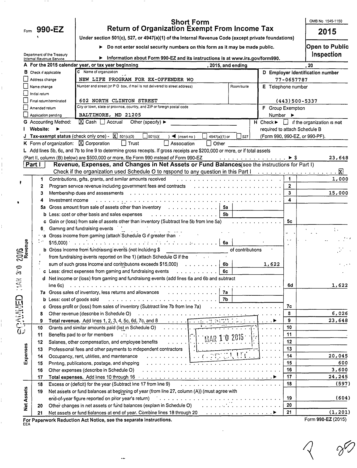 Image of first page of 2015 Form 990EZ for New Life Program for Ex-Offender Women