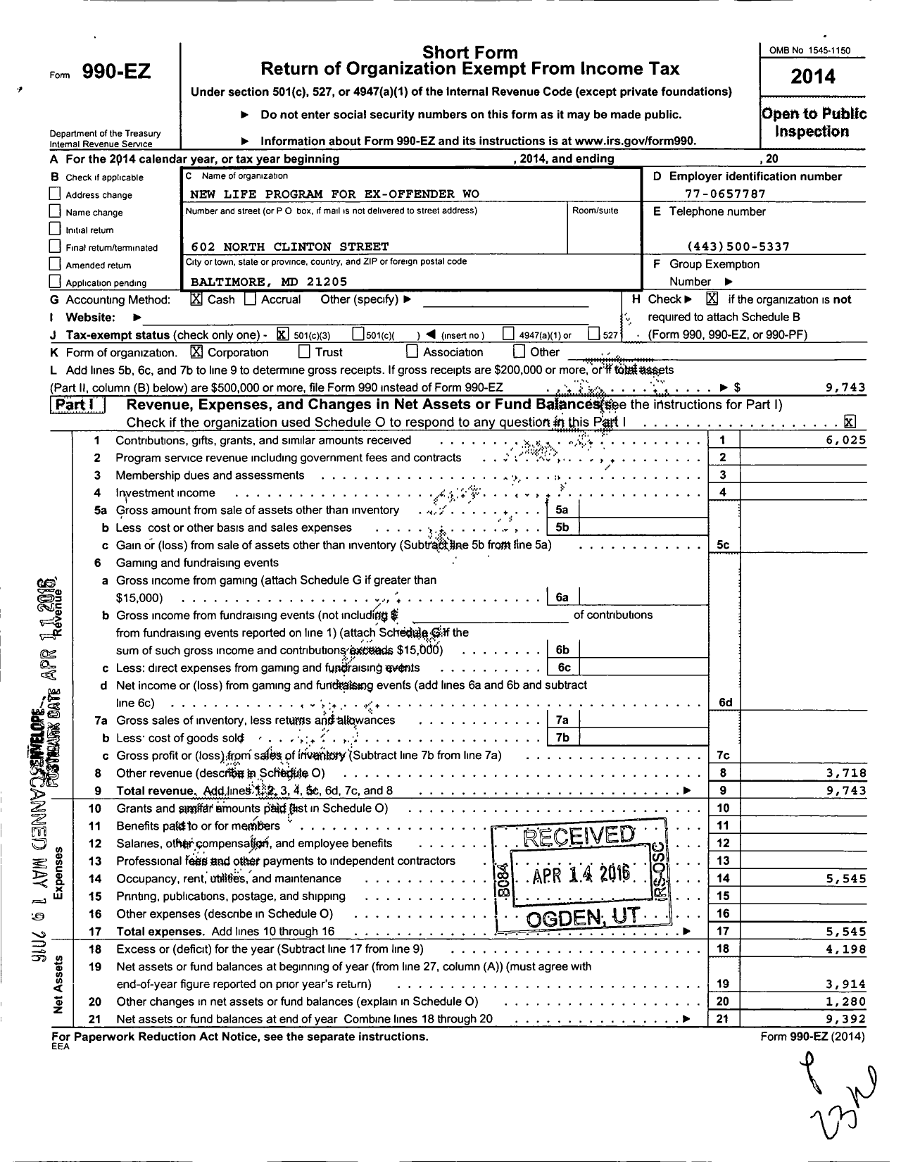 Image of first page of 2014 Form 990EZ for New Life Program for Ex-Offender Women