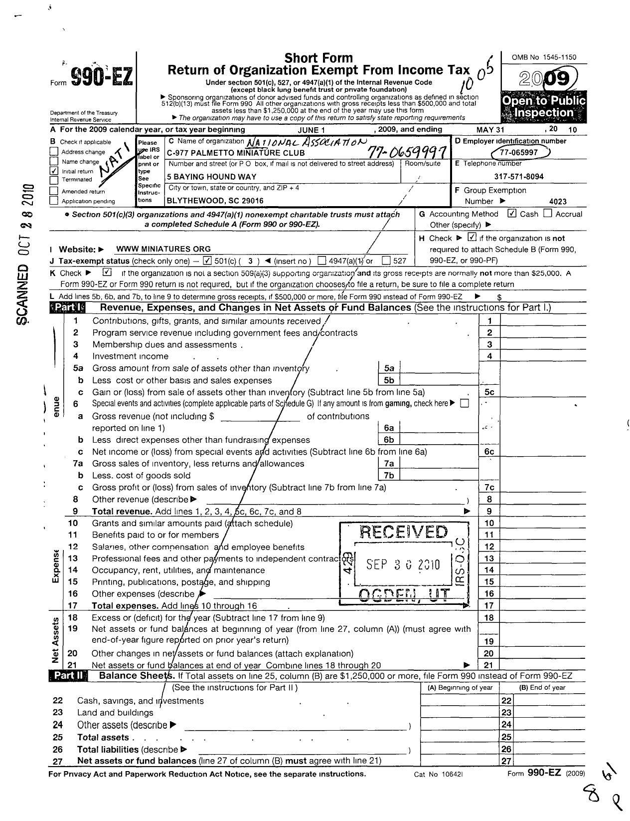 Image of first page of 2009 Form 990EZ for National Association of Miniature Enthusiasts / C-977 Palmetto Miniature Club