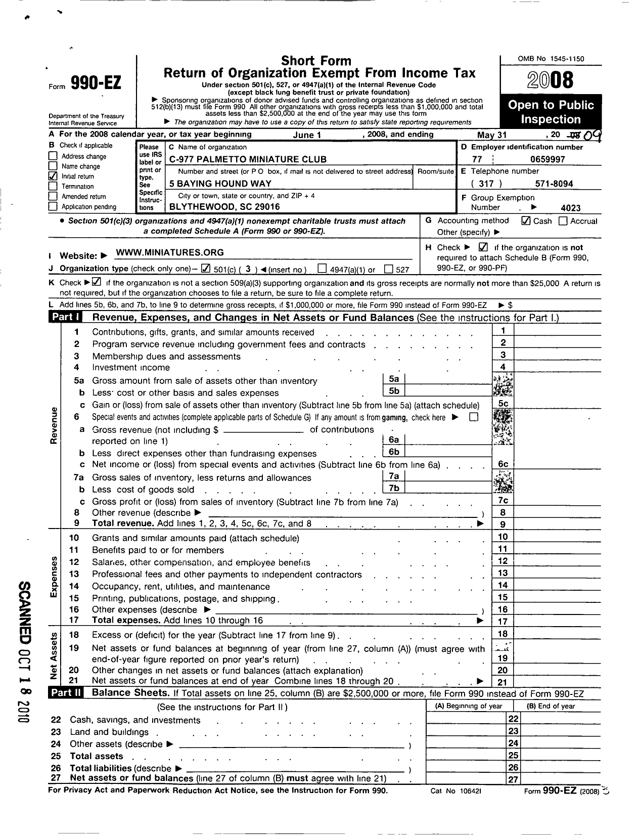 Image of first page of 2008 Form 990EZ for National Association of Miniature Enthusiasts / C-977 Palmetto Miniature Club