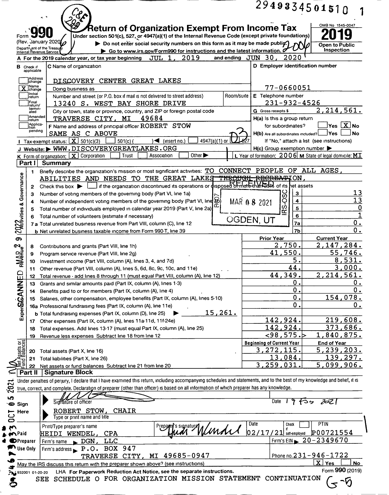 Image of first page of 2019 Form 990 for Discovery Center Great Lakes