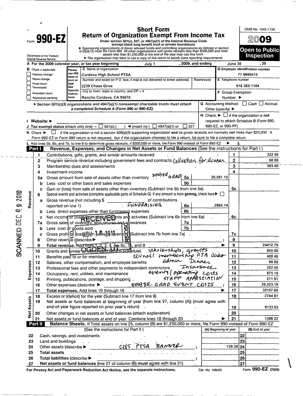 Image of first page of 2008 Form 990EO for California State PTA - 5969 Cordova High School Ptsa