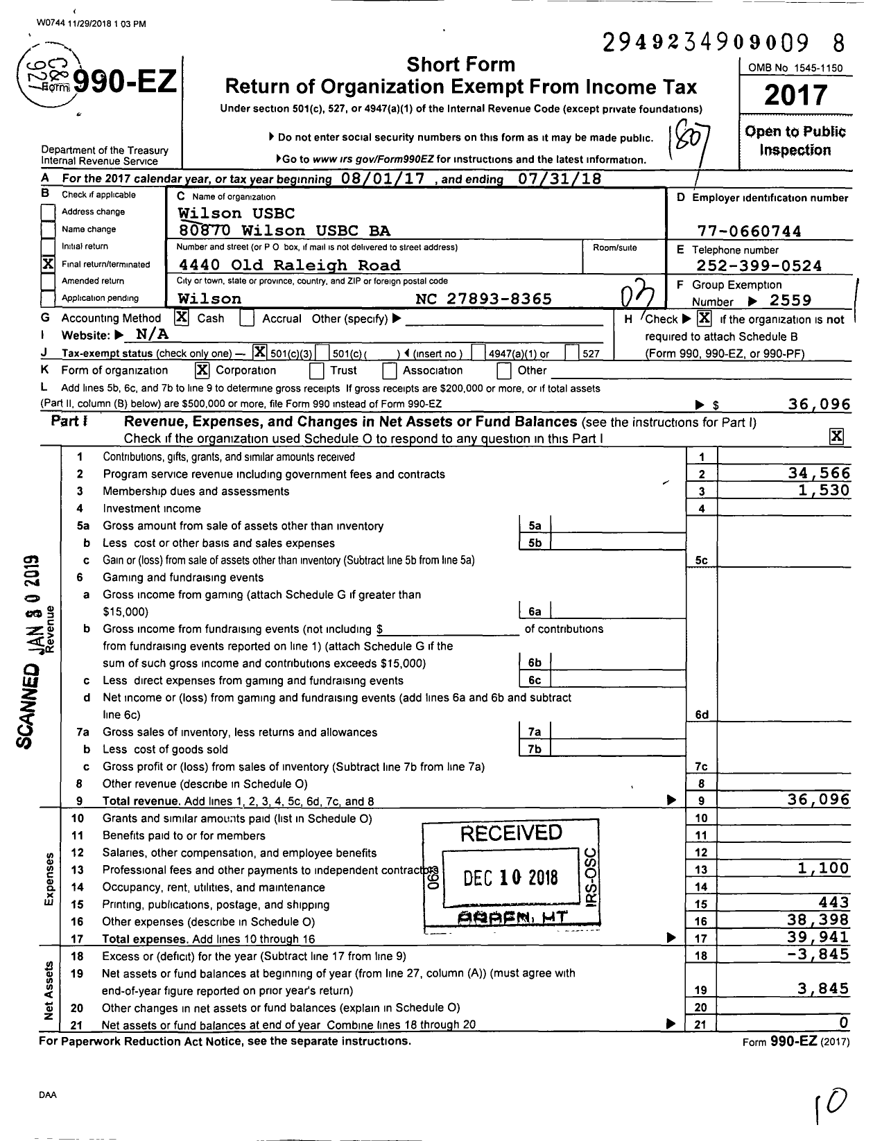 Image of first page of 2017 Form 990EZ for United States Bowling Congress - 80870 Wilson Usbc Ba