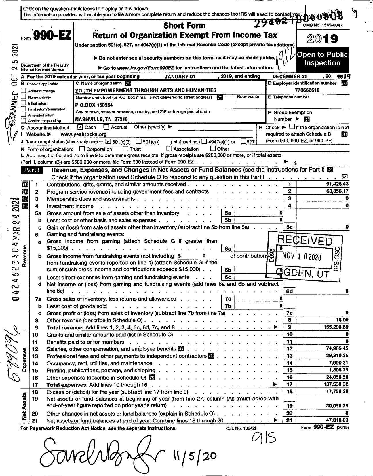 Image of first page of 2019 Form 990EZ for Youth Empowerment Through Arts & Humanities