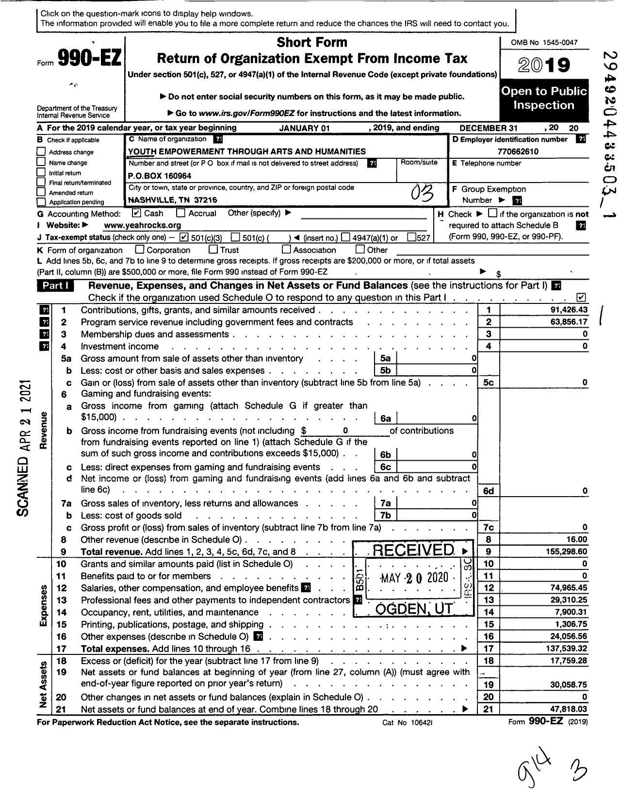 Image of first page of 2020 Form 990EZ for Youth Empowerment Through Arts & Humanities