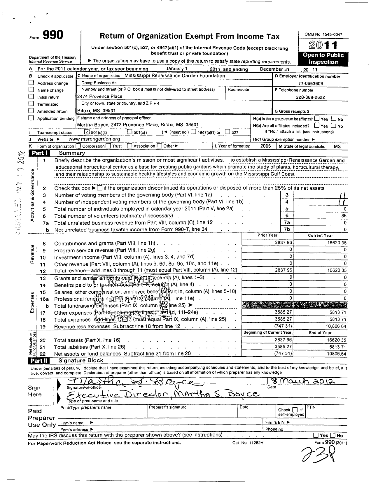 Image of first page of 2011 Form 990 for Mississippi Renaissance Garden Foundation